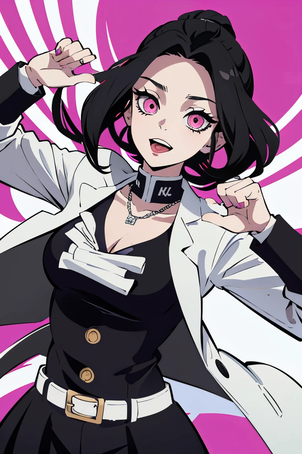 White Young woman, Ashley Graves Hairstyle, Pink eyes, Crazy face, Tongue out, Demon slayer uniform, Sword, black hair, Black necklace