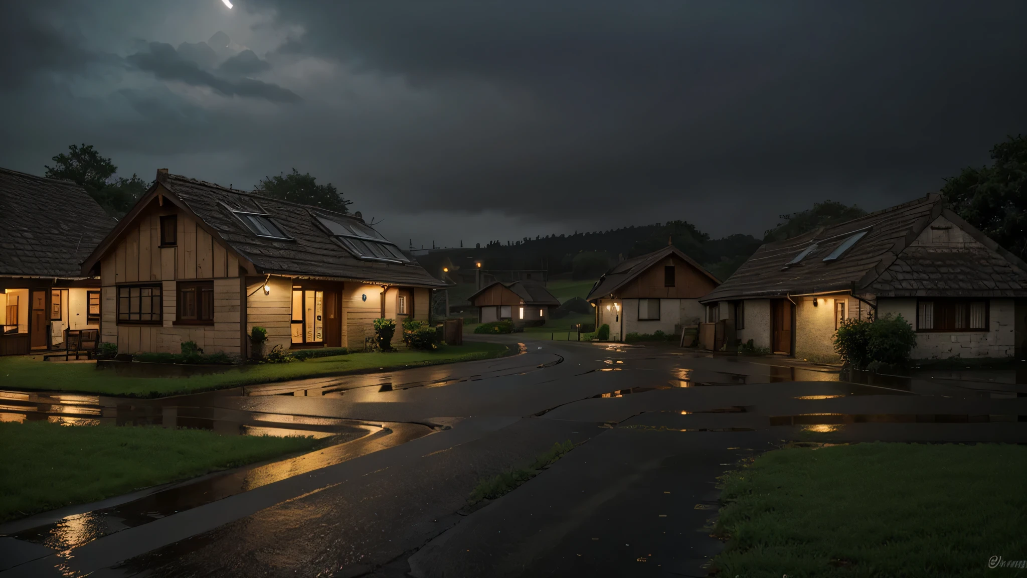 vila rural em um dia chuvoso, noite nevoenta e escura, nuvens cinzentas, wet floor