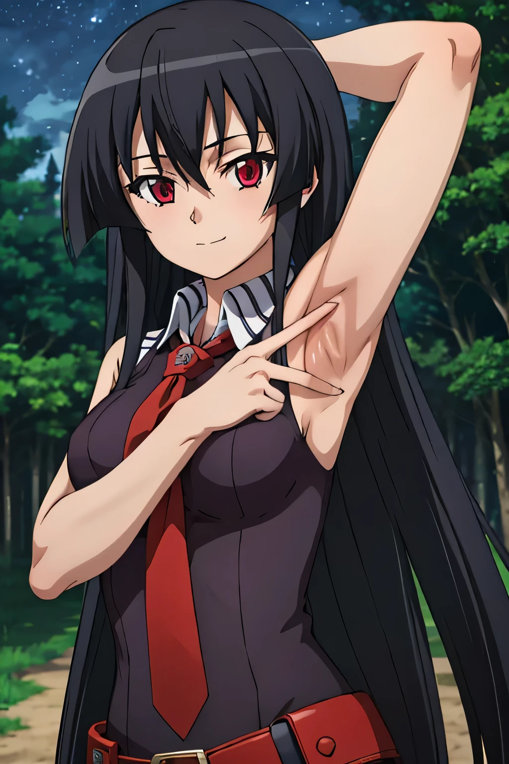 solo, 1girl, looking at viewer, 2D, anime, anime coloring, upper body, akame, necktie, sleeveless, looking at viewer, closed mouth, small smile, solo, night sky, forest, {arms behind head}, contrapposto, spread armpits,