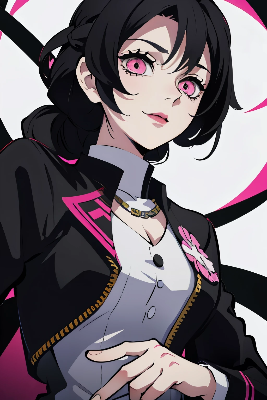 White Young woman, Ashley Graves Hairstyle, Pink eyes, Crazy face, Psicho smile, Demon slayer uniform, Sword, black hair, Black necklace