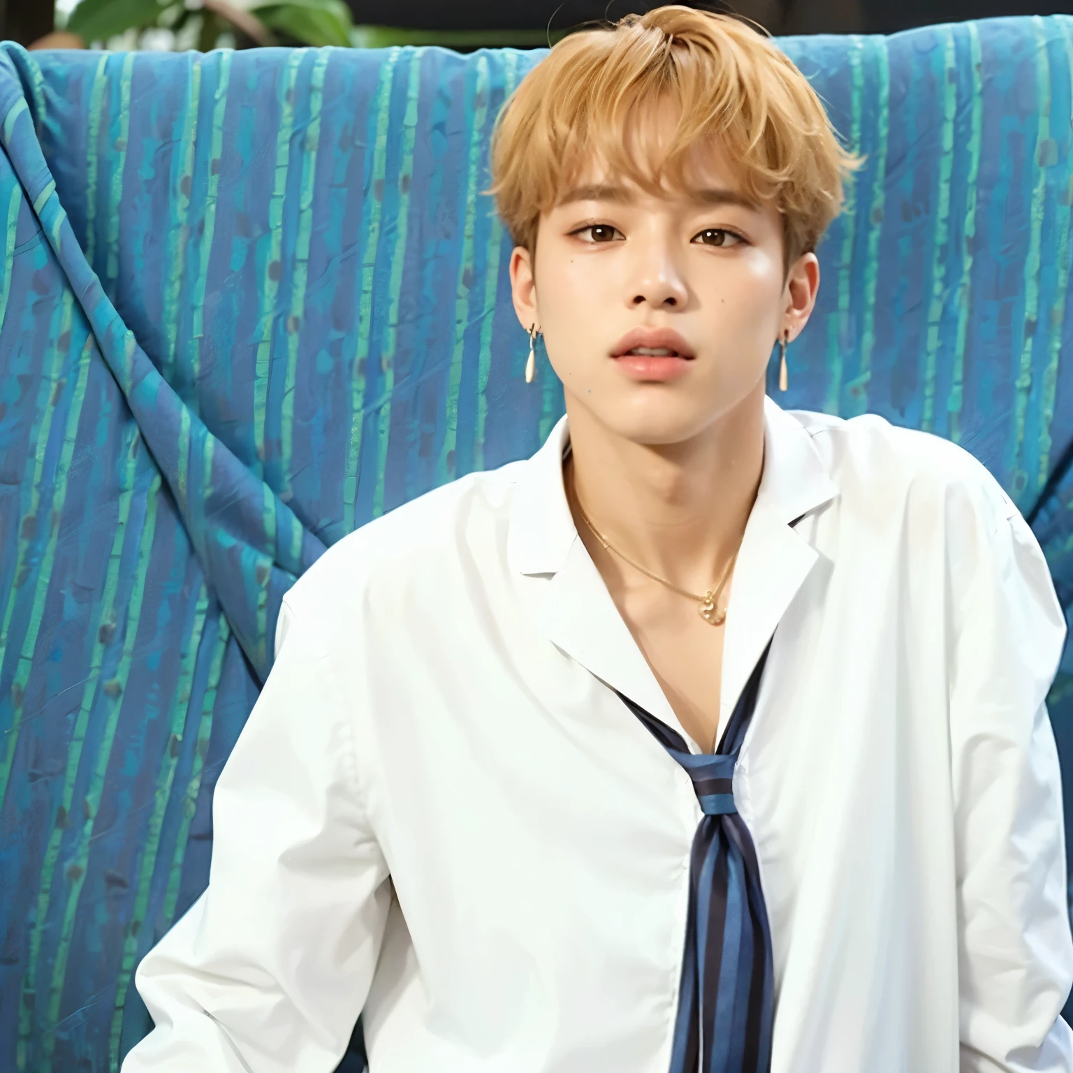 homem arafiado de camisa branca e gravata sentado em uma cadeira azul, park Jimin, Jimin, Jimin\the full lips, Jimin\o nariz grego, accurate Jimin face, Jimin\the right eyelid is swollen, chave ainda, hyung tae, taejune kim, de mim, Retrato de Jossi do Blackpink, Hong junho hyung, Jung Jaehyun