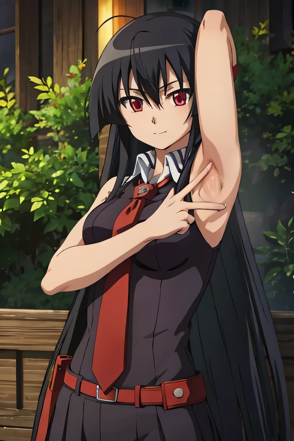 solo, 1girl, looking at viewer, 2D, anime, anime coloring, upper body, akame, necktie, sleeveless, looking at viewer, closed mouth, small smile, solo, night sky, forest, {arms behind head}, contrapposto, spread armpits,