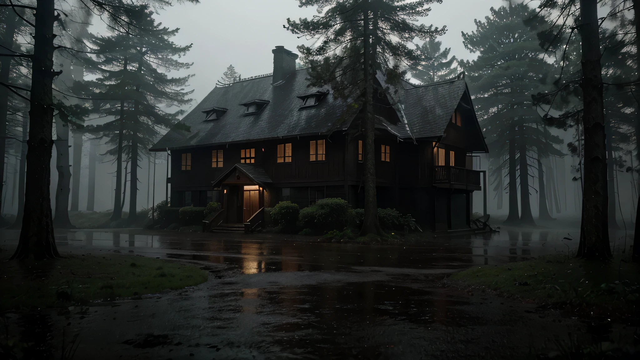 cinematic image of a house in the forest in a very dark environment, noite chuvosa e neblina, legal field, Imagem realista