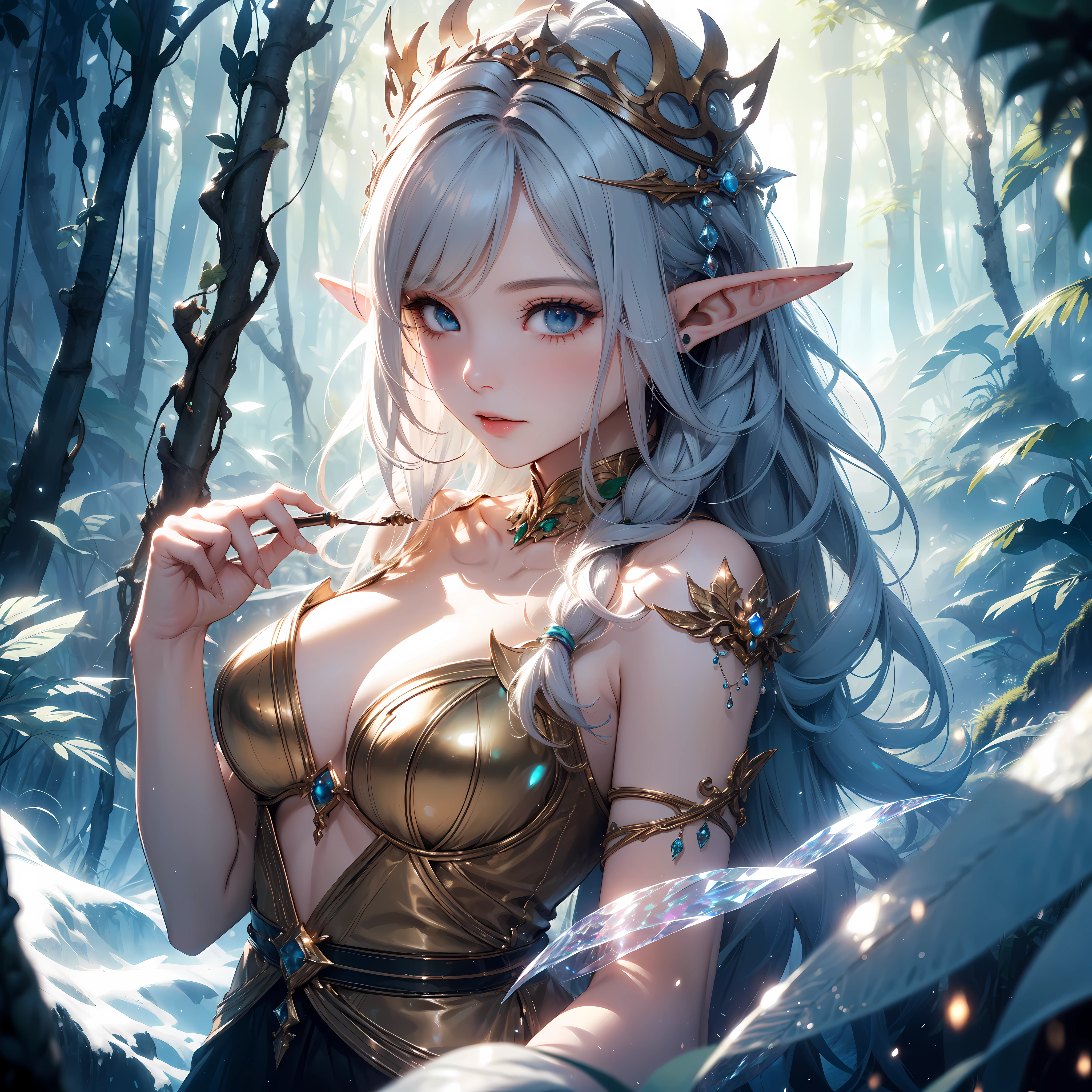 ((masterpiece)), (top quality), (best quality), ((ultra-detailed, 8k Highest quality)), Cinematic lighting, soft semi-backlit light, (detailed line art), absurdres, (Epic composition), (high-resolution), Aesthetics, Super detailed, Epic romantic fantasy digital art,Epic fairy tale fantasy digital art,Mythological fantasy,Detailed detail drawing,realisticlying,Very realistic,an award winning photograph, rich colours,hyper realistic lifelike texture,dramatic lighting,
BREAK,
(very beautiful and attractive fairy elf queen), 1Elf girl, solo, Fantastic snow and ice jungle,Many scattered crystal trees、Accessories、Shine in the center,Beautiful transparent flowers, Transparent colorful wings, The wand flutters in the wind、The wand flashed with starlight,Golden wand,transparent feathers,fanciful、Starskrim、cleanness、glimmering、Shines、magnifica、Verdant、Light、with light glowing,Magic pictures,Delicate leaves and branches are surrounded by fireflies(nature elements),(Jungle theme),(Foliage),(tree branch),(glowworm),(Particle effect),Style by Yoji Shinkawa,
BREAK,
perfect face, details eye, ((elf queen:1.4)), (1girl), (hairstyle:1.6), (messy hair), (white hair), Plump lips, blue eyes, happy expression, medium breast.