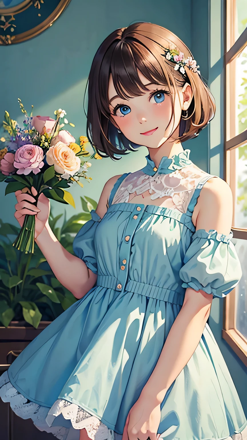 highest quality, pastel painting, Gentle atmosphere, girl 1, cute, smile happily, brown short hair of different colors,,,, Blue-eyed ones, Green-eyed ones, different color dresses, flower hair ornament, Upper body, looking at the viewer, space, meteor, light,
