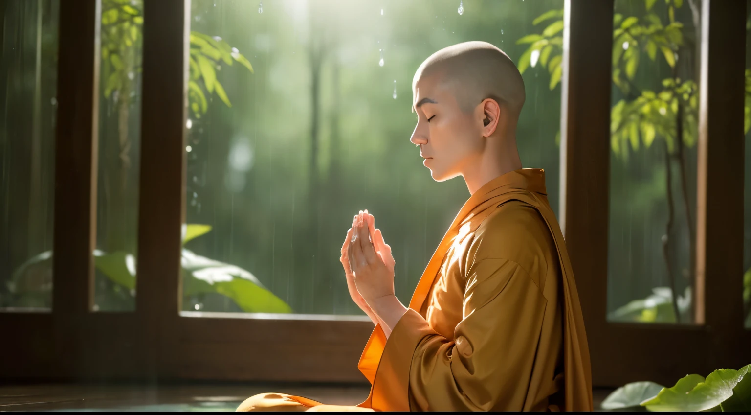 highest quality、highest quality、realistic、unity、8k wallpaper、official art、Highly detailed CG unity 8k wallpaper、super detailed、High resolution、Physically based rendering、super detailed,grow, finely,one boy monk, (no hair), (eyes closed:1.1), (meditating), slim face, boy monk, highly detailed face, fine eyes, view, blurred background, (Front view:1.3), (Monk's robes:1.3), (Sit and meditate in lotus pose:1.3), (Stay away from the camera), (front facing the camera), frontage, slim face, In the rainy forest, professional lighting, (Illuminate your face:1.3)
