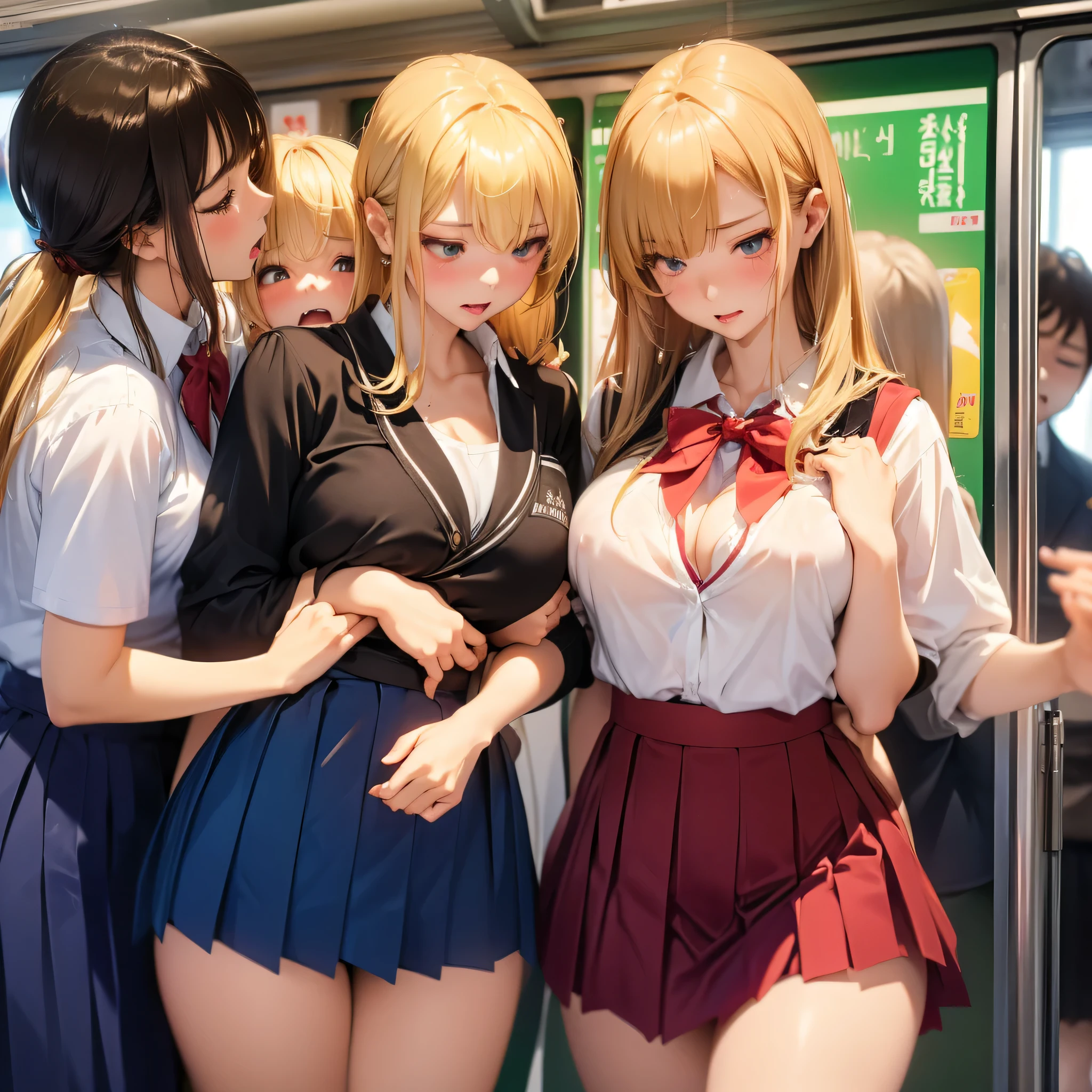 NSFW, photorealistic, top-quality, masterpiece, 4 Korean women , Korean female only, ABSOLUTELY NO MALE, absolutely no men, VERY crowded female only subway train interior detailed scenario, VERY crowded Korean female only subway train interior detailed background, standing insanely hot (woman 1) using sexy ((school uniform)), (((lifted skirt)), (thick thighs), (fear expression), blushed face, (woman 2) sexy young, blond hair, confused look, mature woman ass groping woman 1 from behind, woman 2 touches woman 1 vagina, young woman 2 caressing woman 1 legs, wet kiss, lesbian kiss, (((mature woman pressing her chest on woman 1 back))) and (((holding her waist behind her)))