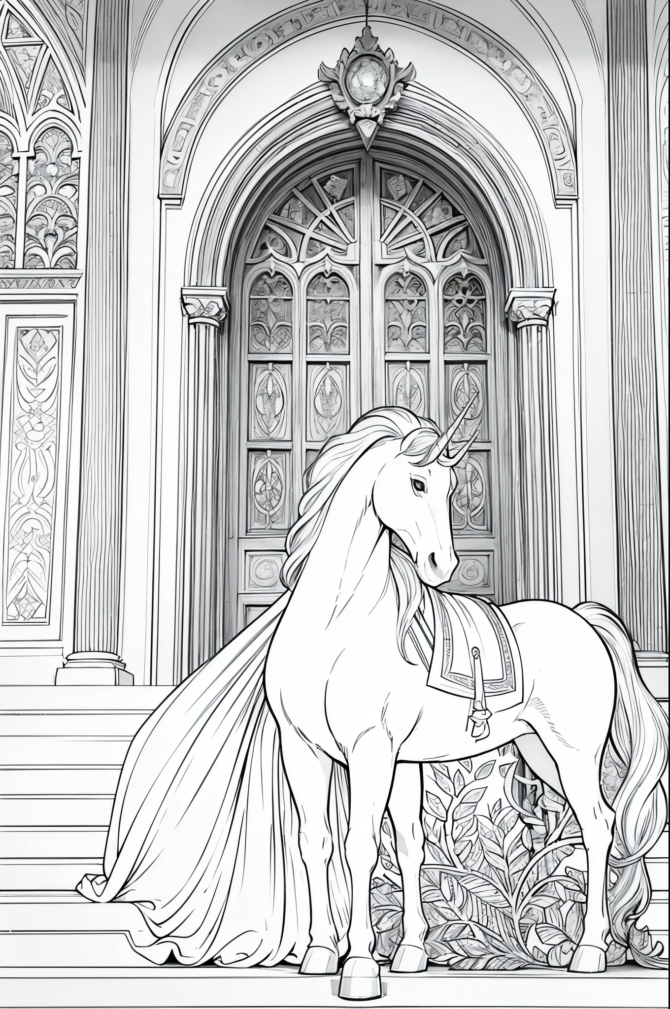 Line art of a majestic unicorn adorned as royalty, standing gracefully near a grand castle staircase. This coloring book art features intricate outlines only in black and white, inviting the viewer to bring the scene to life with their choice of colors. (Detailed shading, ultra-thin lines, regal attire on unicorn, elegant curves, expressive eyes, grandiose castle backdrop, soft gradient shadows) Witness the grandeur unfold as you color each intricate line, making this scene your own masterpiece.