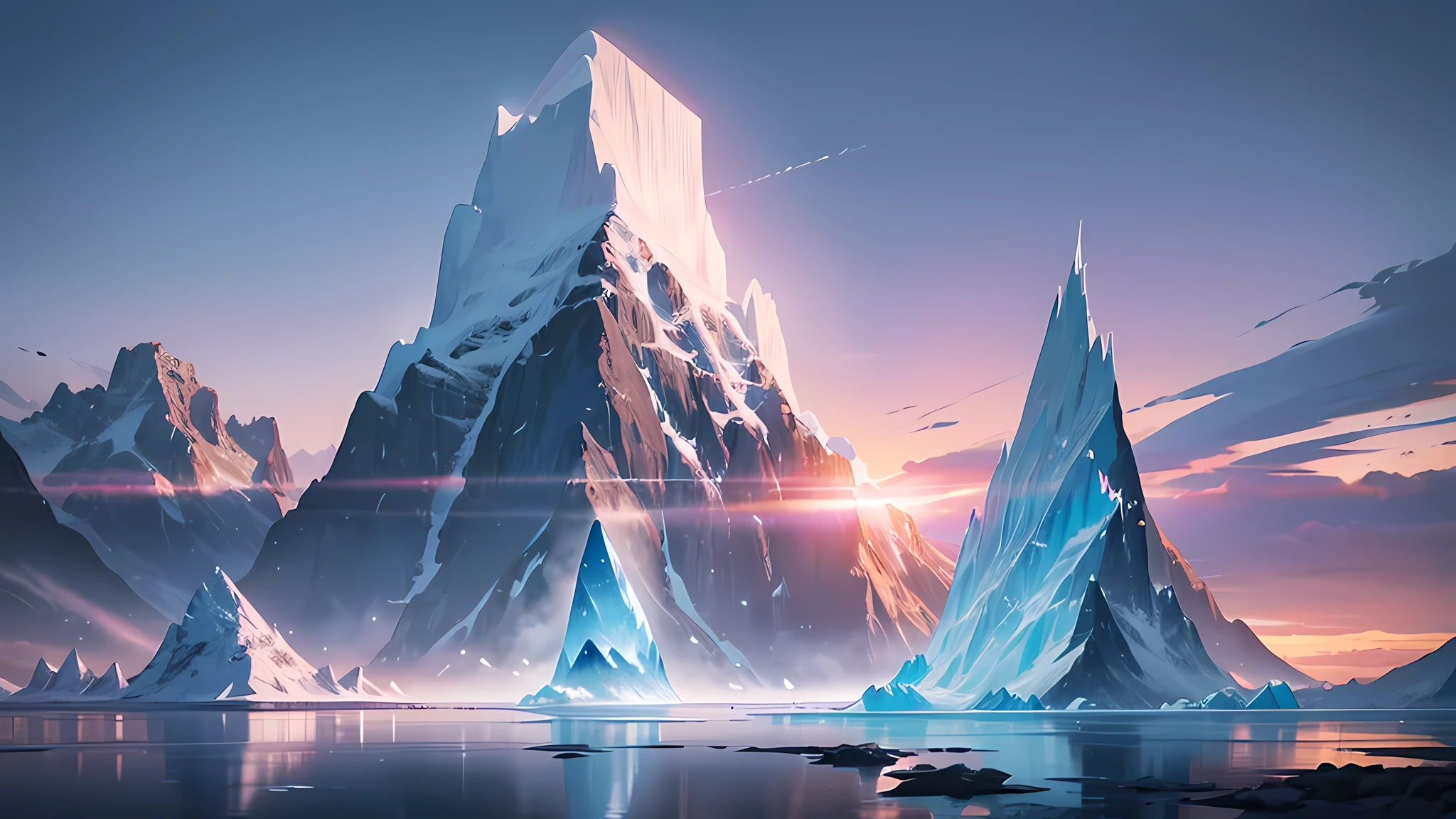 There is a big iceberg,There is a lot of ice on it, an ice volcano, mountains made out of icebergs, ice mountain, icy mountains in the background, surreal frozen landscape, Terrible sharp and cold, inspired by Mike Winkelmann, marc adamus, Inspired by Christopher Balaskas, with a snowy mountain and ice, But the iceberg is burning violently, The iceberg that appeared in front of me, with thorns in all directions, was on a different level. This was the result of taking versus Demon Combat Power up to a point
