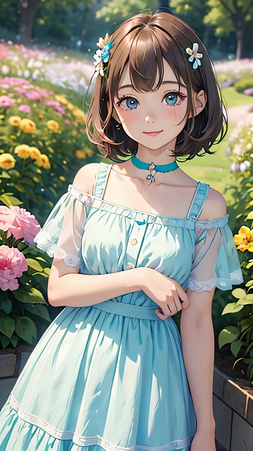 highest quality, pastel painting, Gentle atmosphere, girl 1, cute, smile happily, brown short hair of different colors,,,, Blue-eyed ones, Green-eyed ones, different color dresses, flower hair ornament, Upper body, looking at the viewer, space, meteor, light,