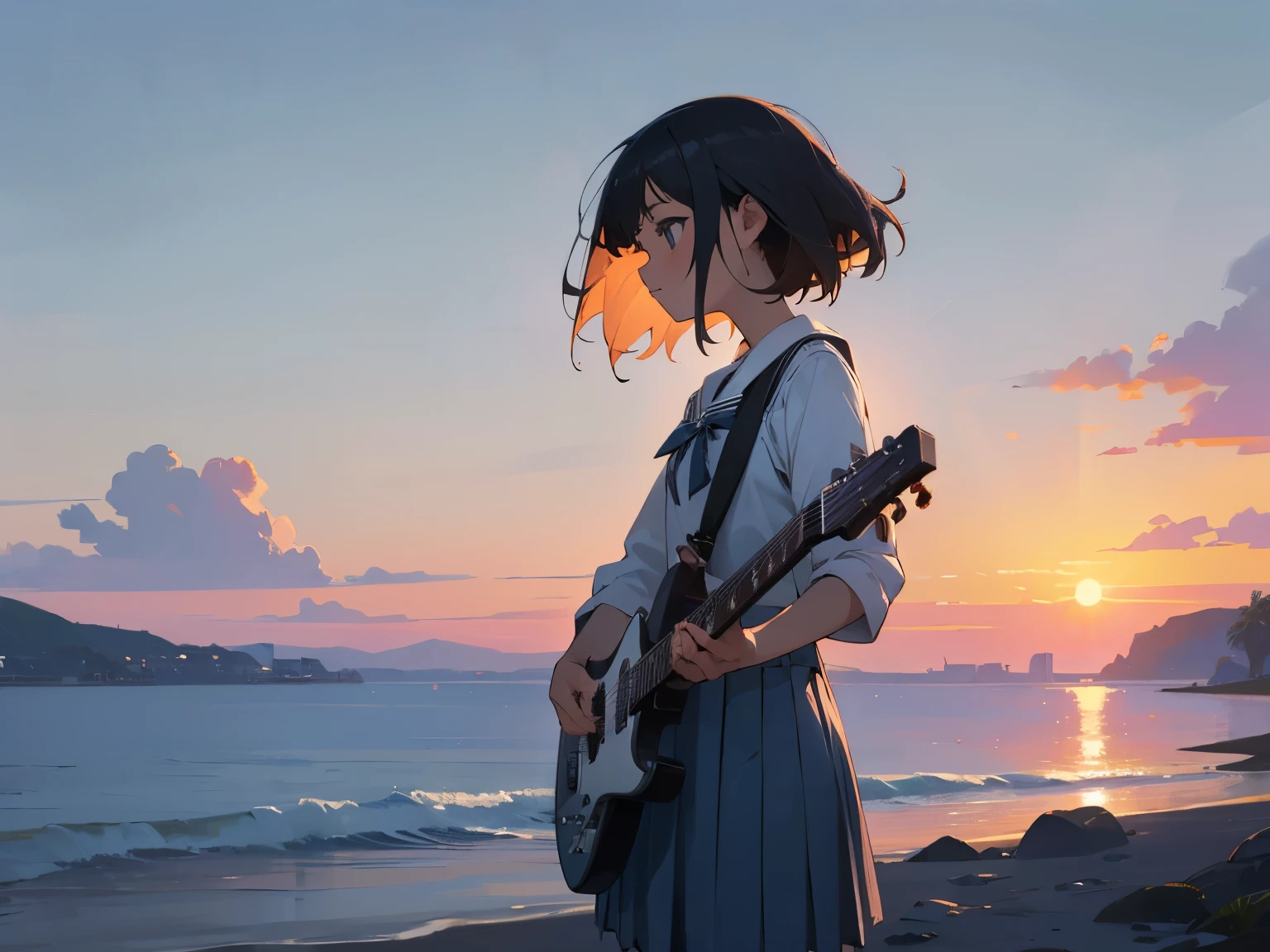 Sunset Serenade by the Sea,focus on landscape,Landscape painting,The girl is playing the guitar while looking up at the sky,Masterpiece of a girl in school uniform playing the guitar,bestquality,high resolution,extra limbs,missing limb,extra digit,fewer digit,missing digit,missing fingers,fused fingers,mutated hands and fingers									
