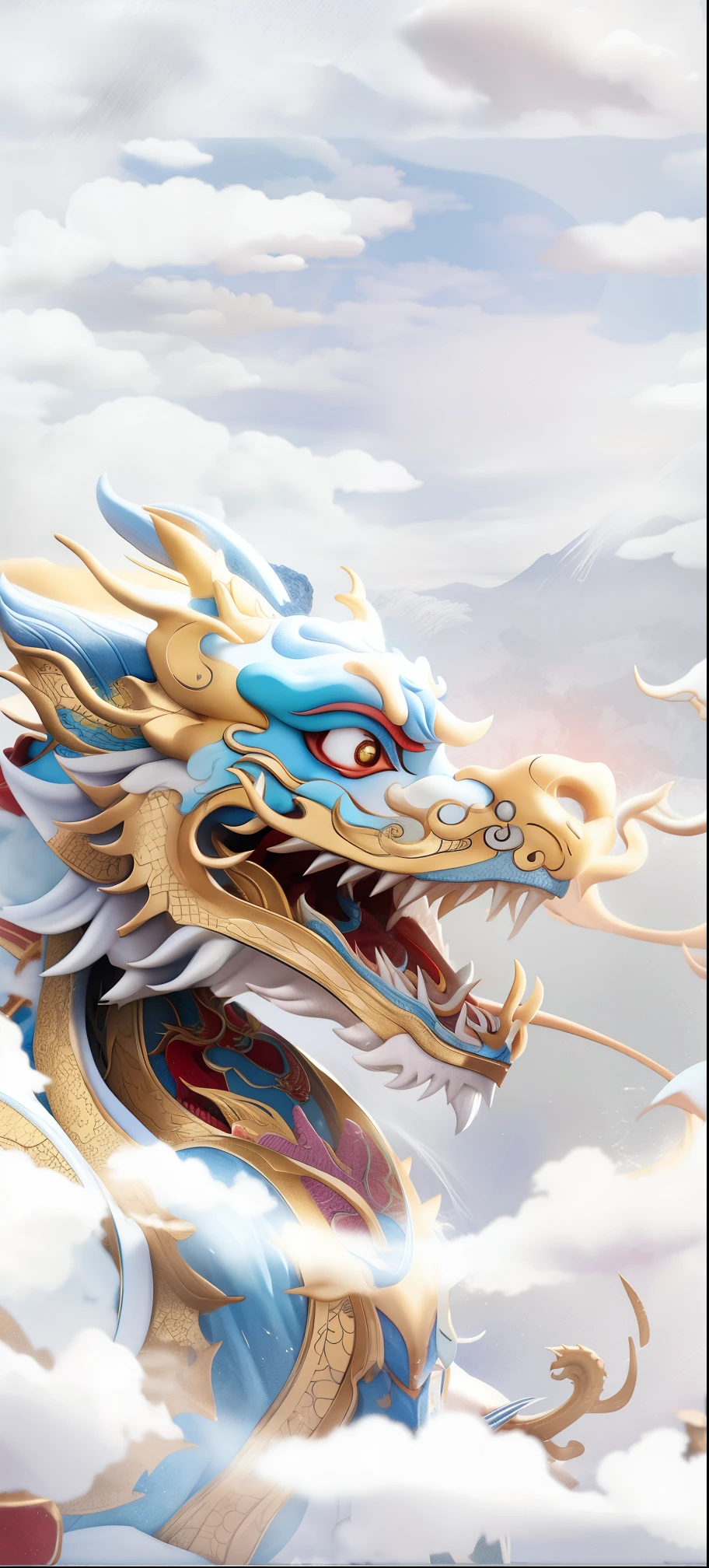 There is a dragon statue in the sky,The background is clouds, Chinese dragon concept art, smooth Chinese dragon, Chinese dragon, Chinese Silk 3D Dragon, cyan Chinese dragon fantasy, yellow faucet festival, dragon art, majestic japanese dragon, faucet, dragon face, dragon portrait, Chinese dragons fighting, a dragon made of clouds, dragon portrait