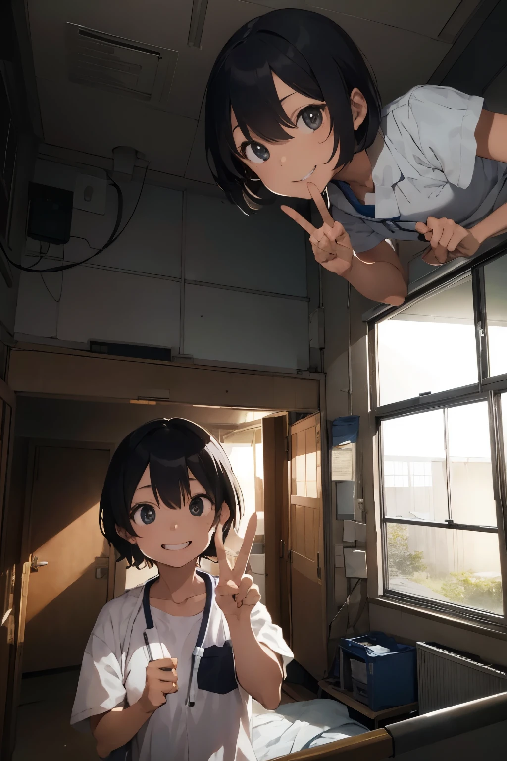 Ruins of the hospital、hospital room、A boy dressed as a woman is smiling and giving a peace sign、Behind the boy is the ghost of an adult woman.、Midnight2hour、flashlight