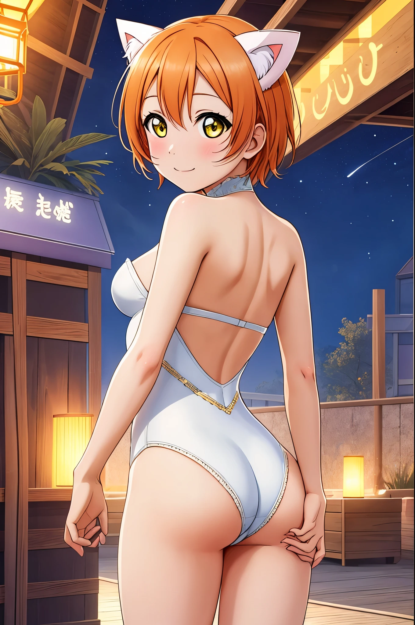 masterpiece, best quality,(hoshizora rin:1.000), cowboy shot,yellow eyes, orange hair, (breasts:0.996), white strapless leotard,cat ears, from behind, (exposed ass cheeks:1.2)