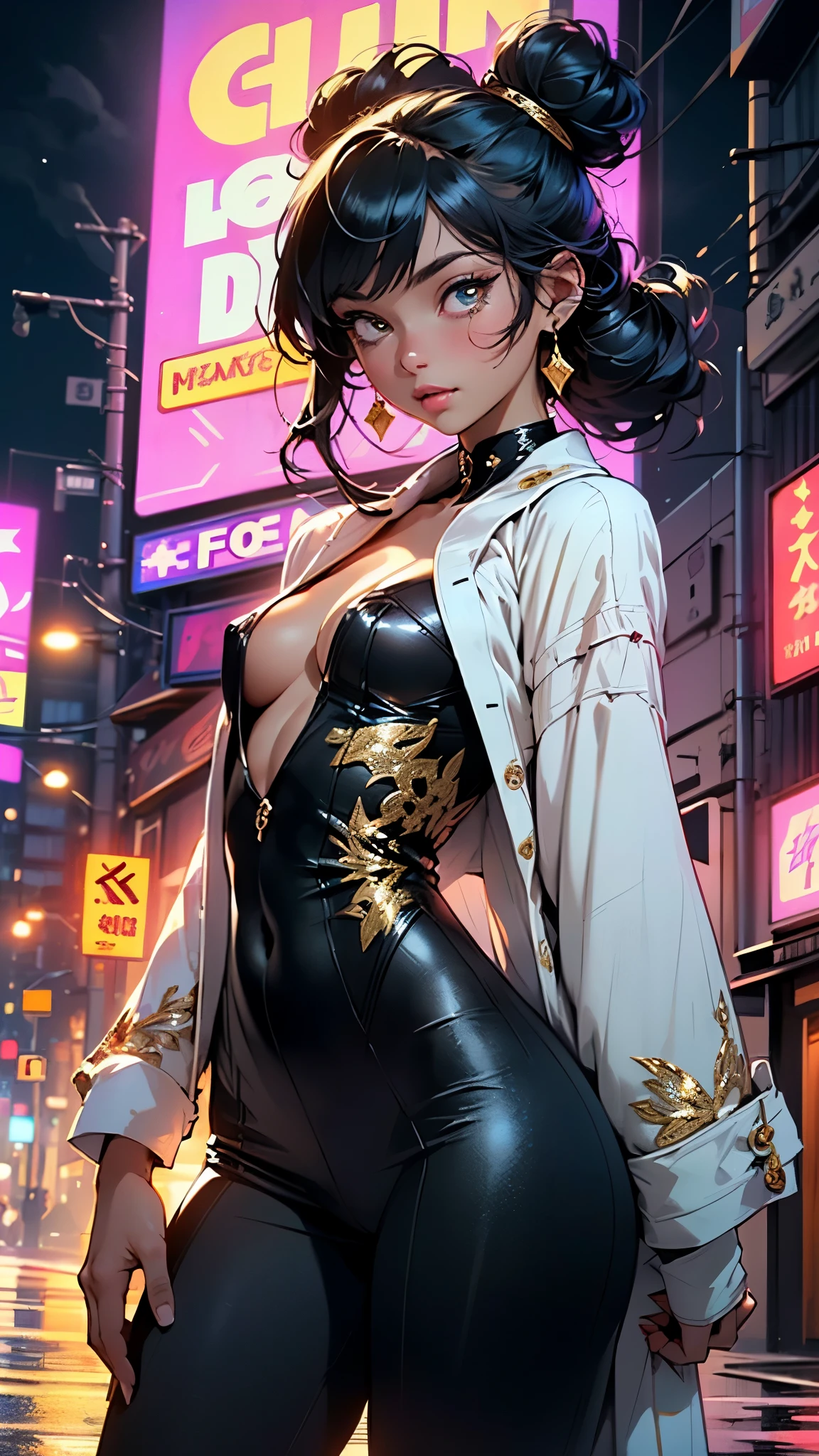 cute little ,(((little ,small tiny body,,chibi))),((())),((little with extremely cute and beautiful black hair)),(baby face), (round face),bit girl,Small ,smallunderboob,
(((flat chest))),(((black hair:1.5,Qi bangs,double bun hair,colored inner hair,ear breathing))),((heterochromia:1.5, (pink_eye and gold_eye))),intricate eyes,beautiful detailed eyes,symmetrical eyes,big eyes:1.5,(((lustrous skin:1.5,bright skin: 1.5,skin tanned,shiny skin,very shiny skin,shiny body,plastic glitter skin,exaggerated shiny skin,illuminated skin,wet legs))),(detailed body,(detailed face)),
cute,slutty,erotic,((nsfw)),
zettai ryouiki,(revealing clothing,show skin),(((white dressing gown,Gold wire embroidery))),((wet clothes,intricate outfit,intricate clothes)),
(dynamic pose:1.0),embarrassed,(centered,scale to fit dimensions,Rule of thirds),
cyberpunk city by the ocean at night, with bright neon signs and dark stormy clouds and puddles, scenery:1.25,nighttime, starry night, cosmos,Very dark night that makes the neon lights stand out, very bright neon lights,nighttime, starry night, cosmos,
artistic photography,(photography taken by sldr),highres, sharp focus,(ultra detailed, extremely detailed), (photorealistic artwork:1.37),(extremely detailed CG unity 8k wallpaper),((synthwave background theme)),(((vibrant colors))),intricate,(intricate background),(masterpiece),(best quality),perfect rendered face,perfect face details,realistic face,photo realistic,analog style,((intricate detail)),(((realism))),