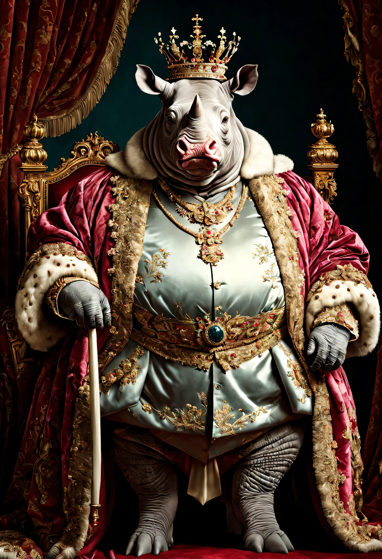 photorealistic portrait of Dressed animals - a ((fat )) rhino king, (full body image:1.5), Wearing luxury sack-back gown,(wearing luxury crown),holding scepter, Old-fashioned luxury clothes, detailed and opulent description of a king's aristocratic sack-back gown in Rococo style, sitting on the throne, emphasizing luxurious fabrics, intricate embroidery, and ornate accessories, Rococo style background
