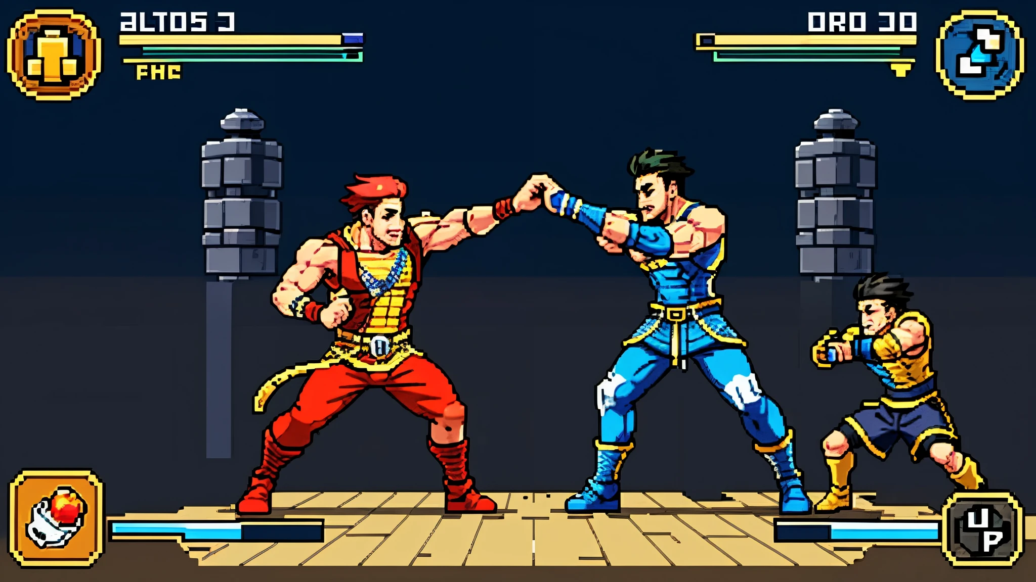 highres, absurdres, perfect anatomy(super handsome 2boys, pair)detailed background, User Interface of Fighting game, dots game, pixel art, dungeon, assorted poses, assorted expression, full body, sound effects, motion blur,