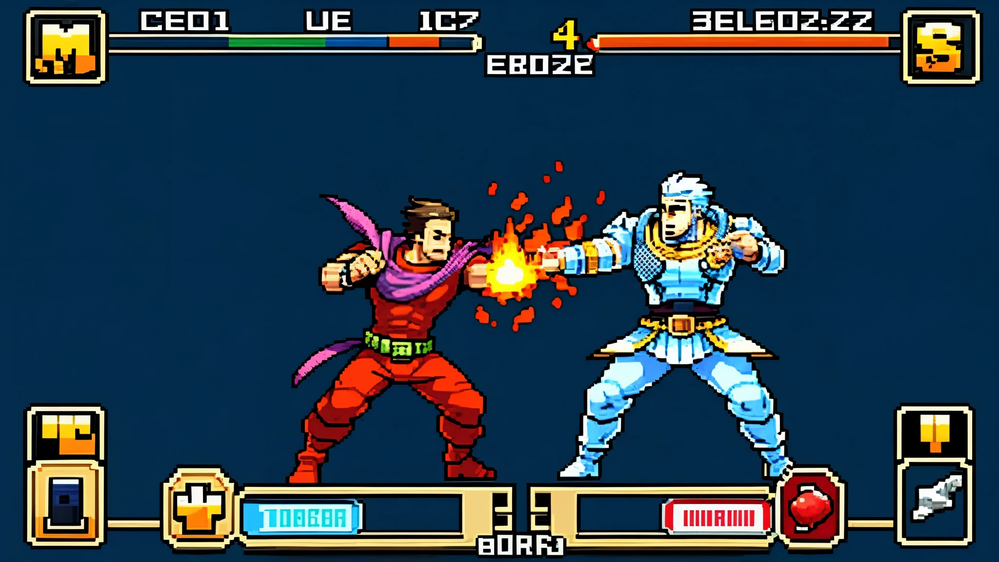 highres, absurdres, perfect anatomy(super handsome 2boys, pair)detailed background, User Interface of Fighting game, dots game, pixel art, dungeon, assorted poses, assorted expression, full body, sound effects, motion blur,