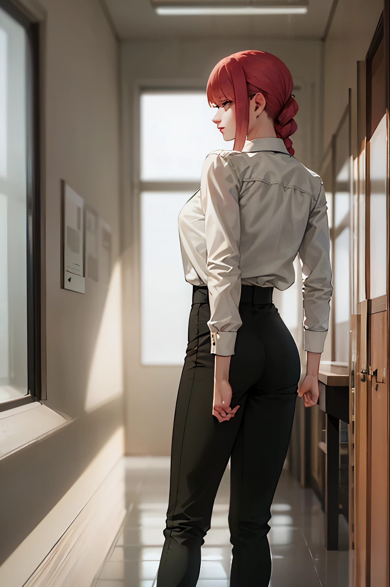 masterpiece, best quality, ultra-detailed, Potrait of beautiful MakimaCSM, solo, shirt, long_sleeves, white_shirt, collared_shirt, pants, from_behind, arms_behind_back, black_pants, formal, suit, arm_behind_back, shirt_tucked_in, facing_away, office_lady, business_suit, high-waist_pants, volumetric lighting, best quality, masterpiece, intricate details, tonemapping, sharp focus, hyper detailed, trending on Artstation,