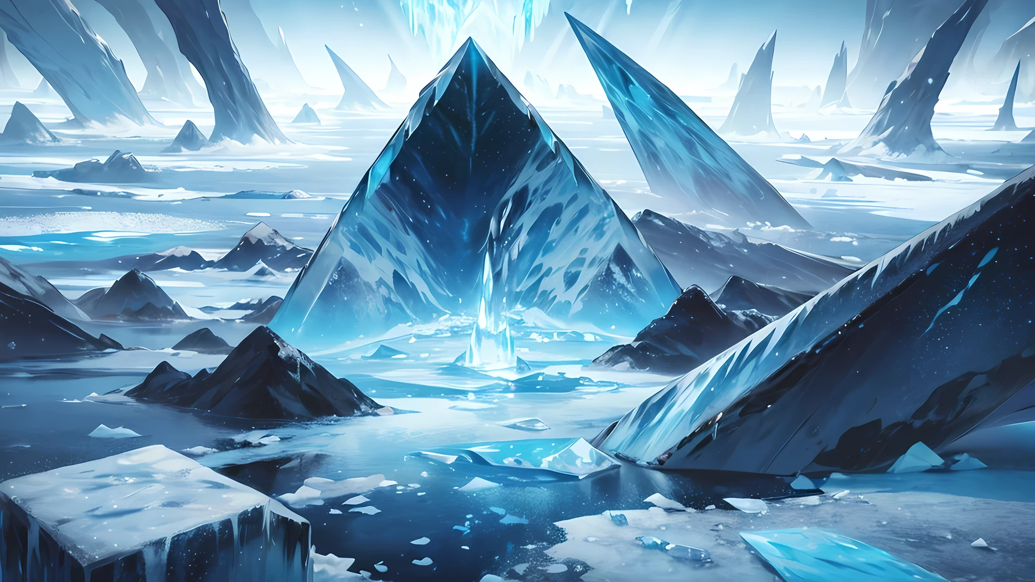 ((empty terrain)), (((icy void))), chaos, frozen land, other dimension, rifts, fractured sky