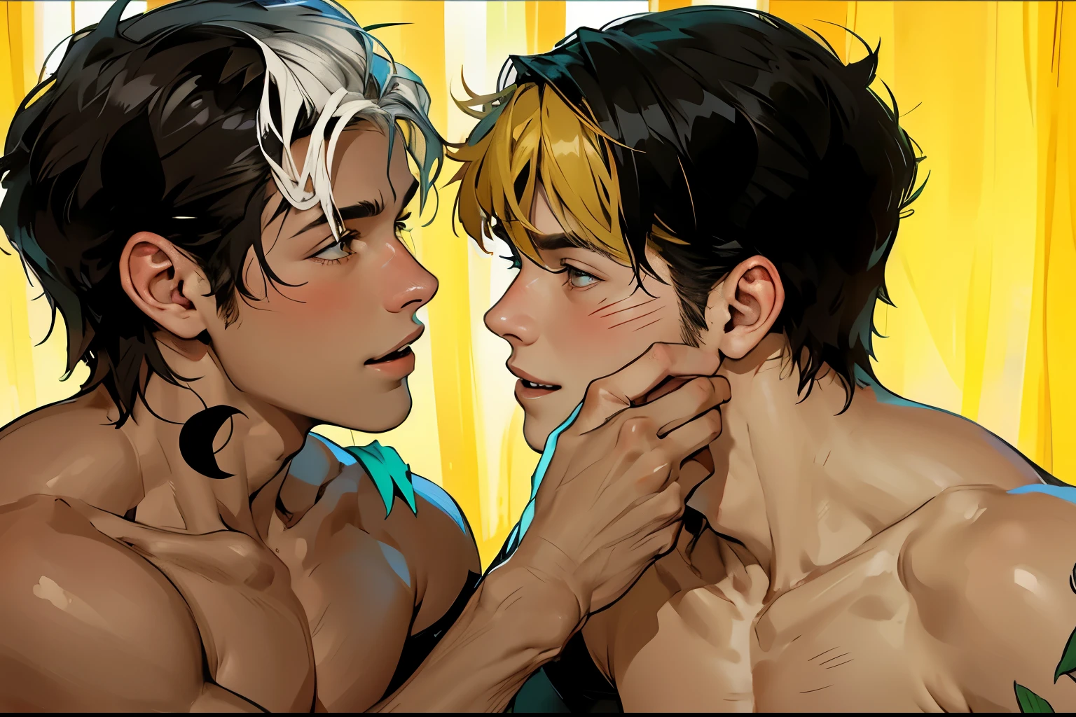 se miran hablan y sonrrien enamorados ,There are two cute 16-year-old boys, shirtless, shirtless, athletic body, they laugh and talk affectionately, they smile, they are in love.