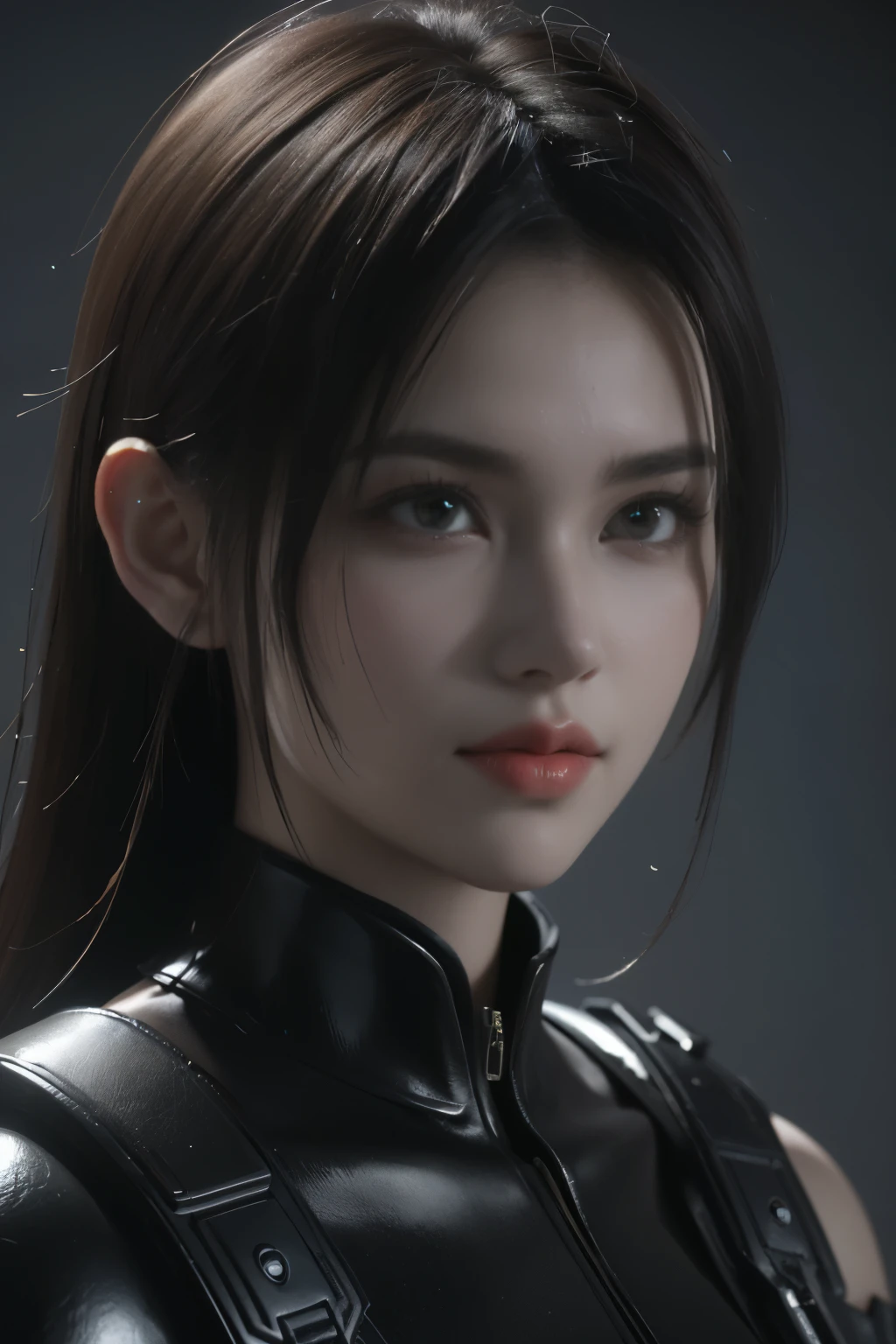 Game art，The best picture quality，Highest resolution，8K，(A bust photograph)，(Portrait:1.5)，(Head close-up)，(Rule of thirds)，Unreal Engine 5 rendering works， (The Girl of the Future)，(Female Warrior)， 
20岁少女，An eye rich in detail，(Big breasts)，优雅高贵，冷漠，勇敢的，
(Future style combat suit combining the characteristics of ancient armor，Ancient runes of light，Combat accessories with rich details，Metallic luster)，Future police officer，赛博朋克人物，

拍照姿势，简单背景，Movie lights，Ray tracing，Game CG，((3D Unreal Engine))，oc渲染反射纹