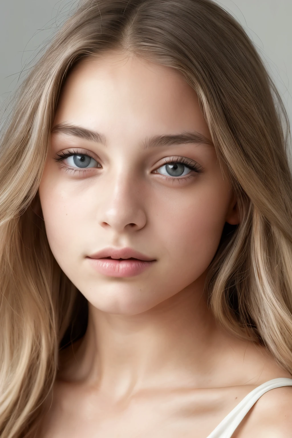 A captivating portrait of a 22-year-old French girl with bondi hair and grey eyes, skillfully captured on an iPhone 15. With a focus on ultrarealistic photography, the image showcases the girl's imperfect yet beautiful skin texture, naturally enhancing her unique characteristics. The photograph boasts of a highly detailed and textured image, capturing every depth and nuance of her features. Her intricately defined grey eyes, filled with depth and emotion, radiate charm and mystery. The photograph effectively highlights the subtle flaws on her skin, adding an authentic and endearing touch to her portraiture.