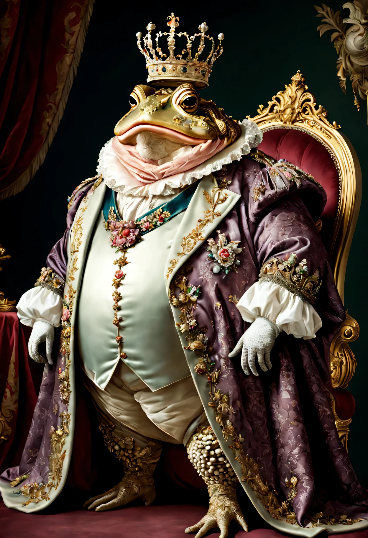 photorealistic portrait of Dressed animals - a ((fat)) toad king, (full body image:1.5), Wearing luxury sack-back gown,(wearing luxury crown),holding scepter, Old-fashioned luxury clothes, detailed and opulent description of a king's aristocratic sack-back gown in Rococo style, sitting on the throne, emphasizing luxurious fabrics, intricate embroidery, and ornate accessories, Rococo style background