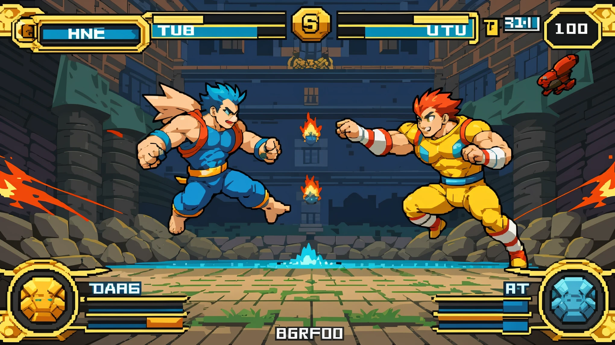 highres, absurdres, perfect anatomy(super handsome 2boys, pair)detailed background, User Interface of Fighting game, dots game, pixel art, dungeon, jumping, punch, kick, full body, sound effects, motion blur, “VS”