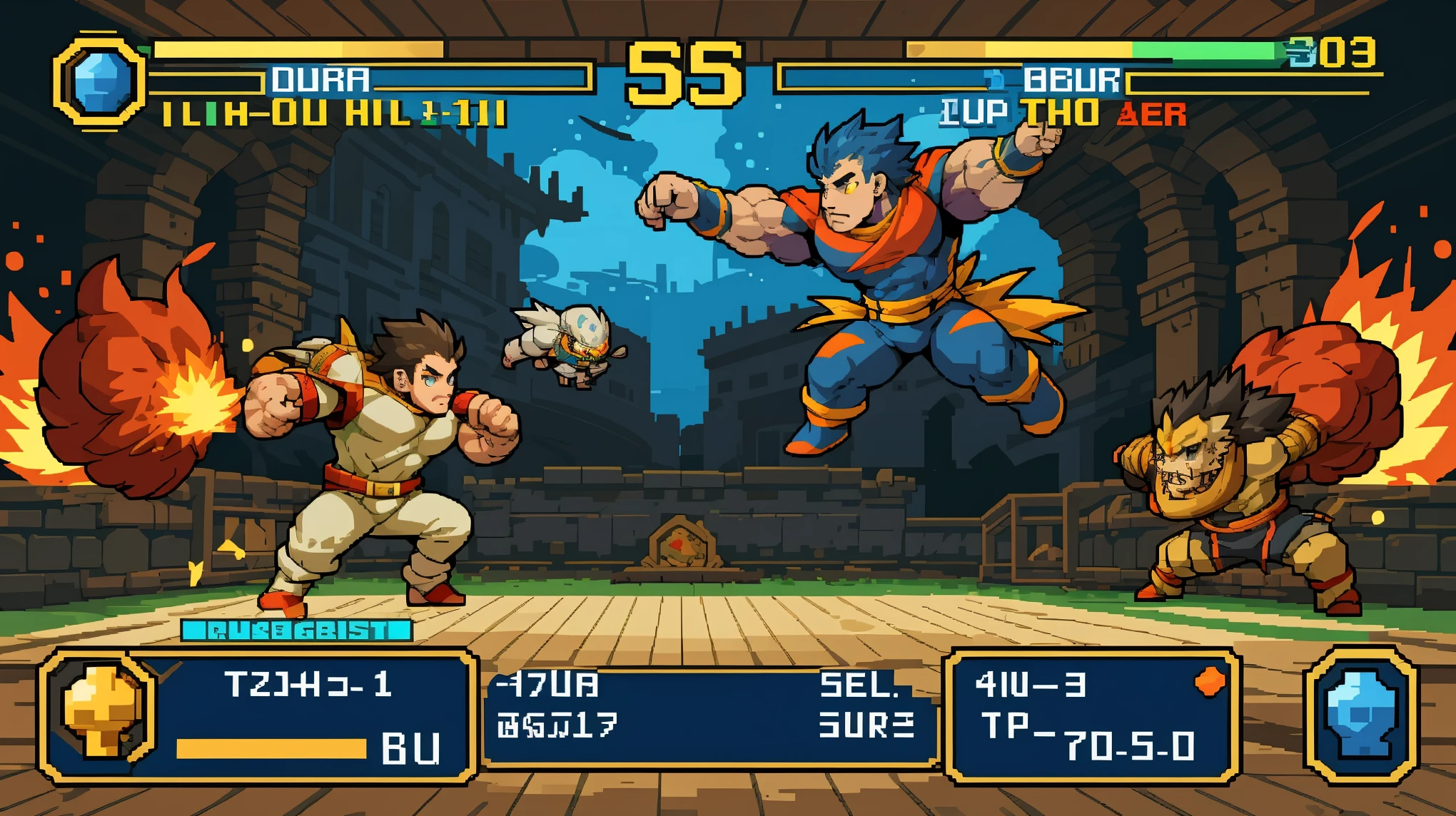 highres, absurdres, perfect anatomy(super handsome 2boys, pair)detailed background, User Interface of Fighting game, dots game, pixel art, dungeon, jumping, punch, kick, full body, sound effects, motion blur, “VS”