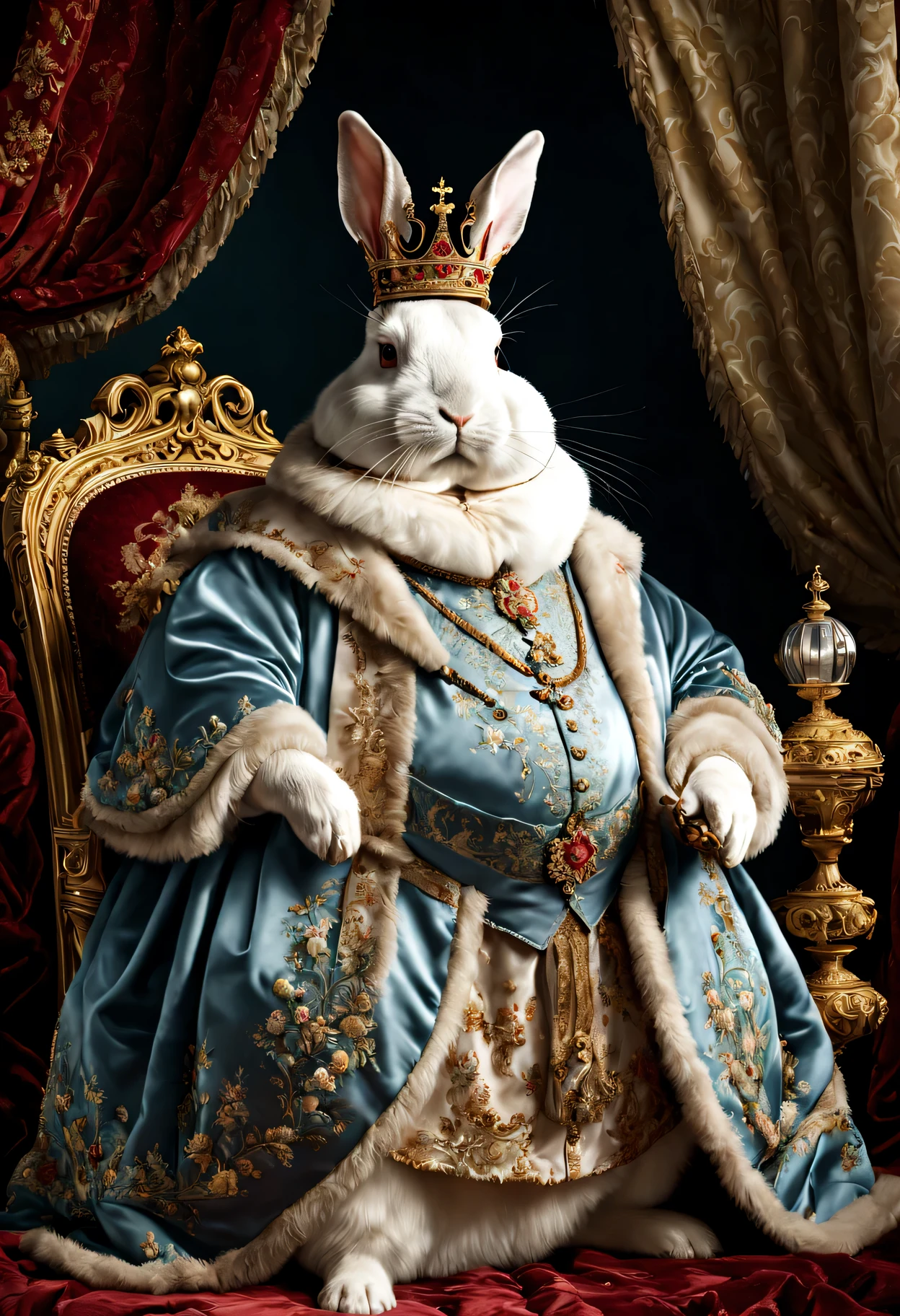 photorealistic portrait of Dressed animals - a ((fat)) rabbit king, (full body image:1.5), Wearing luxury sack-back gown,(wearing luxury crown),holding scepter, Old-fashioned luxury clothes, detailed and opulent description of a king's aristocratic sack-back gown in Rococo style, sitting on the throne, emphasizing luxurious fabrics, intricate embroidery, and ornate accessories, Rococo style background