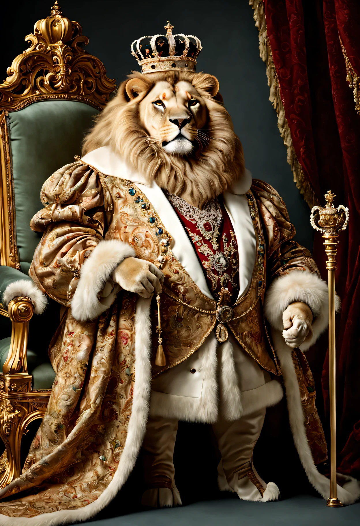 photorealistic portrait of Dressed animals - a ((fat)) lion king, (full body image:1.5), Wearing luxury sack-back gown,(wearing luxury crown),holding scepter, Old-fashioned luxury clothes, detailed and opulent description of a king's aristocratic sack-back gown in Rococo style, sitting on the throne, emphasizing luxurious fabrics, intricate embroidery, and ornate accessories, Rococo style background