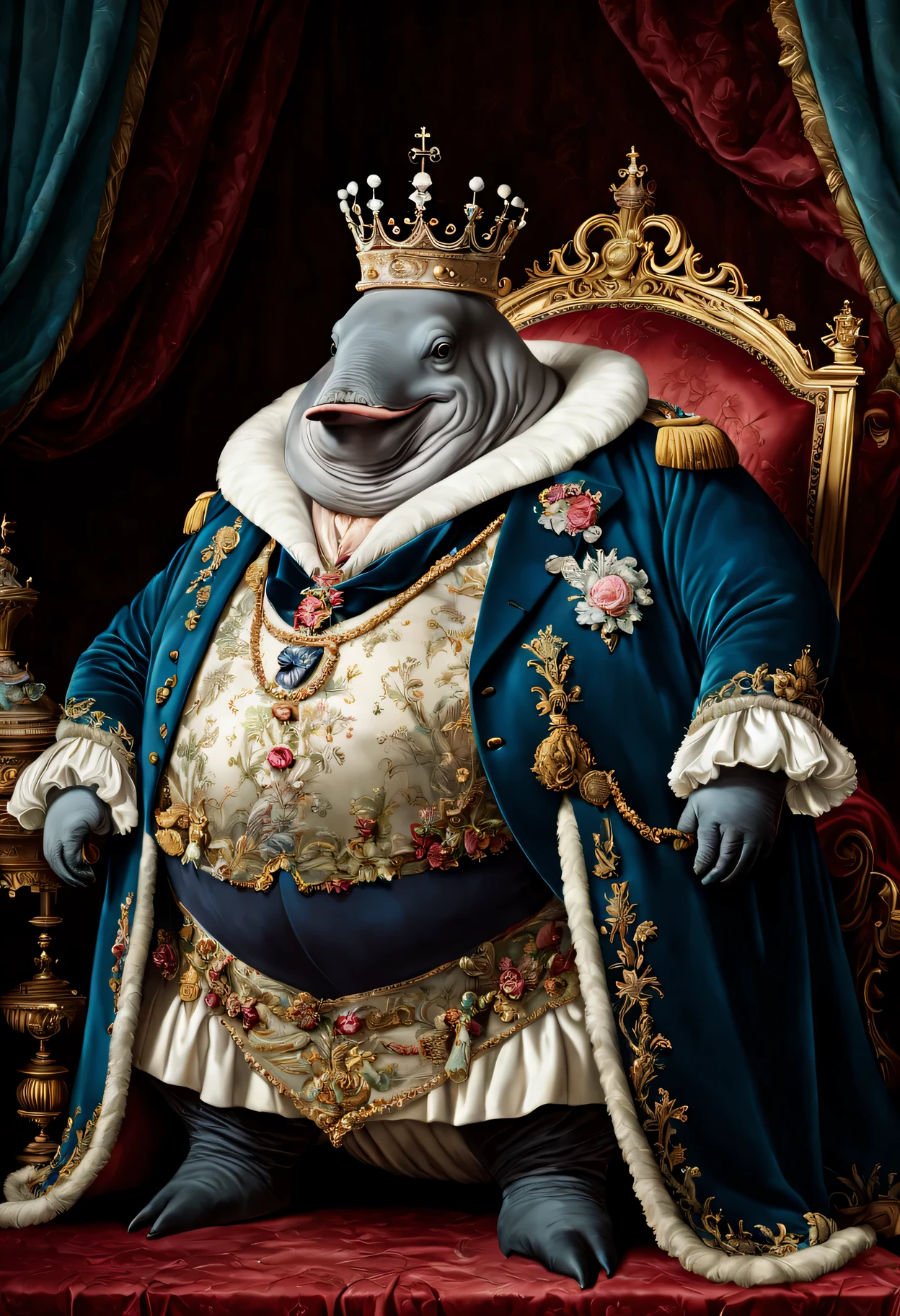 photorealistic portrait of Dressed animals - a ((fat)) whale king, (full body image:1.5), Wearing luxury sack-back gown,(wearing luxury crown),holding scepter, Old-fashioned luxury clothes, detailed and opulent description of a king's aristocratic sack-back gown in Rococo style, sitting on the throne, emphasizing luxurious fabrics, intricate embroidery, and ornate accessories, Rococo style background