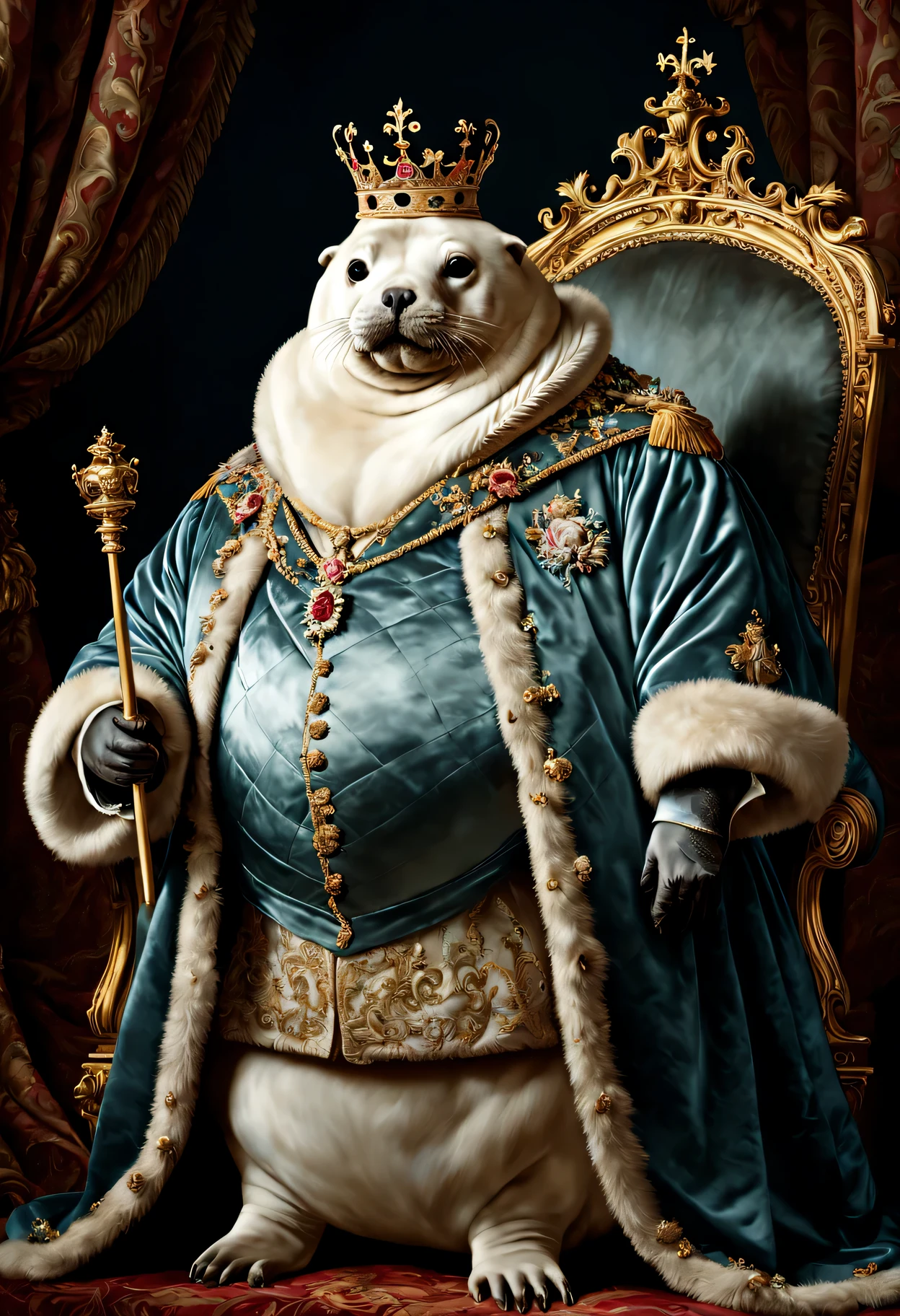 photorealistic portrait of Dressed animals - a ((fat)) seal king, (full body image:1.5), Wearing luxury sack-back gown,(wearing luxury crown),holding scepter, Old-fashioned luxury clothes, detailed and opulent description of a king's aristocratic sack-back gown in Rococo style, sitting on the throne, emphasizing luxurious fabrics, intricate embroidery, and ornate accessories, Rococo style background