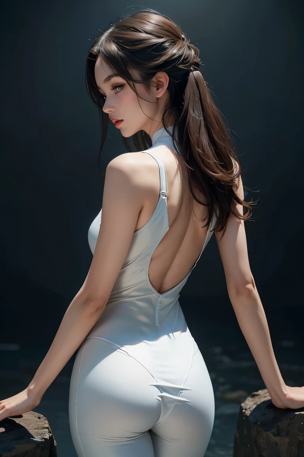 Ultra realistic and extremely detailed, this stunning image is captured in 8K resolution, showcasing a beautiful girl in a wide angle view. At the age of 25, she turns her back to the camera, flaunting her slim body clad in a thin, white sexy bodysuit. Her small breasts and ass are subtly accentuated, and her toned back muscles are evident. The delicate curves of her spine are highlighted, and her arms, with their long, slender fingers, are positioned by her sides. Her detailed eye, filled with intrigue and depth, gazes beyond the frame, while her small nose and full lips add to the charm of her detailed face. The close-up view