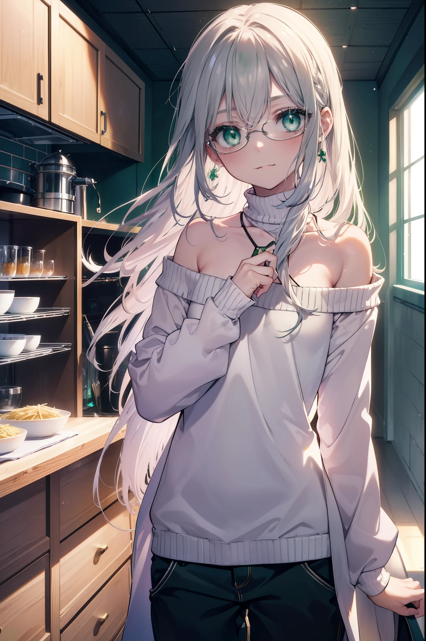 index, index, (green eyes:1.5), silver hair, long hair, (flat chest:1.2),smile,blush,off shoulder sweater,bare shoulders,bare clavicle,bare neck pink apron,skinny pants,Black Abyss Glasses,kitchen,Boil the pasta in a frying pan,
break looking at viewer, Upper body, whole body,
break indoors, kitchen,kitchen,
break (masterpiece:1.2), highest quality, High resolution, unity 8k wallpaper, (shape:0.8), (beautiful and detailed eyes:1.6), highly detailed face, perfect lighting, Very detailed CG, (perfect hands, perfect anatomy),