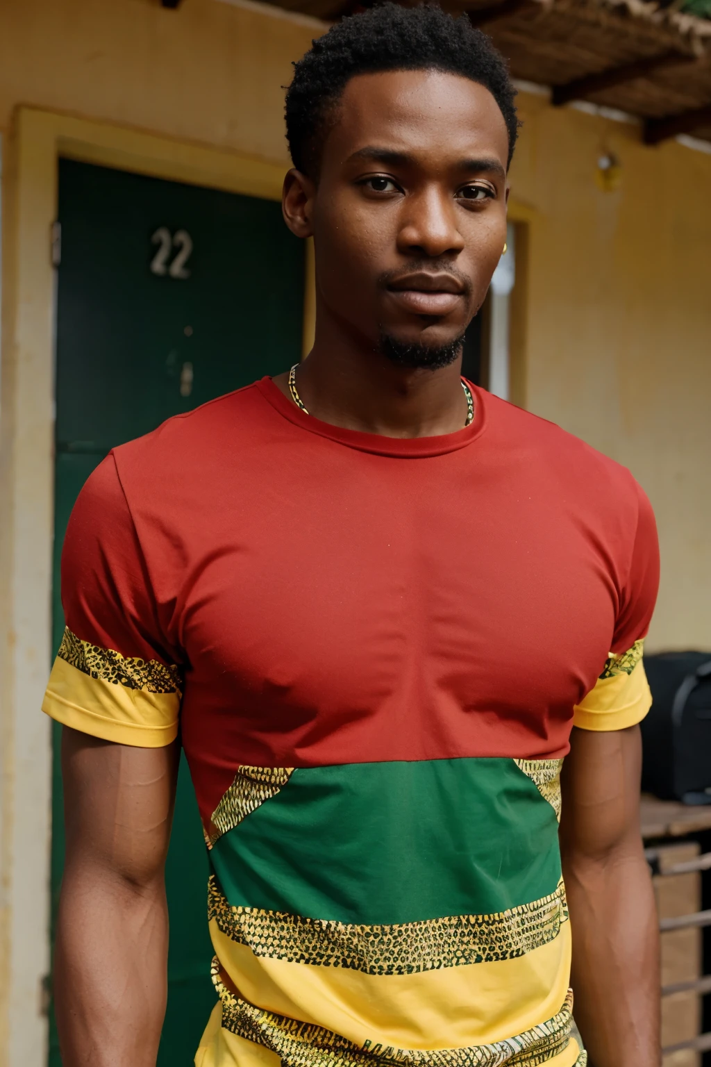 african man red green yellow shirt torso view