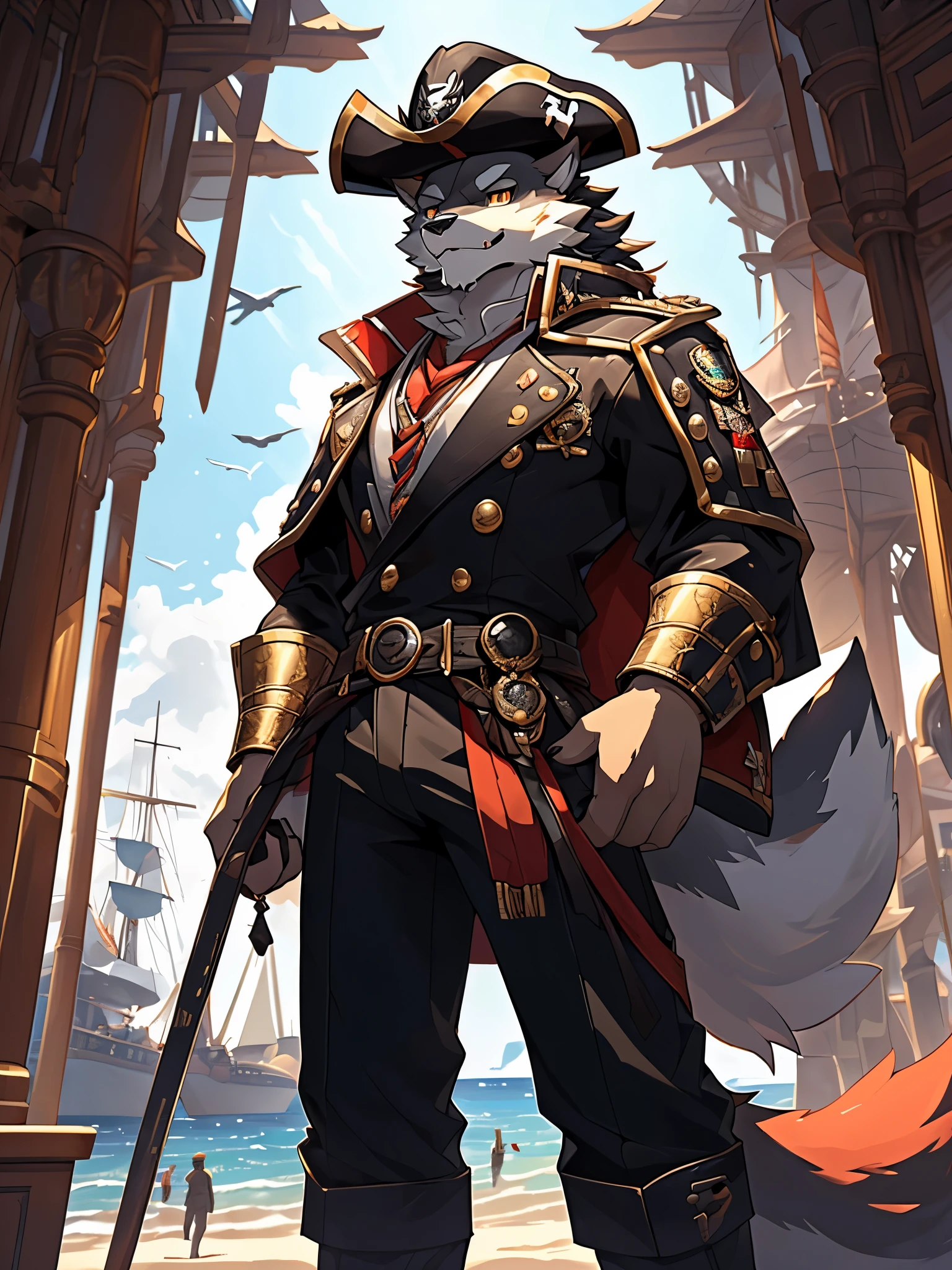 (Furry art, uploaded on e621: 1.4), Werewolf, grey and black fur, intense golden eyes, black pirate hat with peach feathers, red baron jacket with gold buttons and gold shoulders over a black shirt and a white frill tie, crab-like fangs and shell, masterpiece, best quality, (detail background), background sea, on on a pirate ship, (detail body), (perfect pulpils), standing, (masterpiece), (best quality), (ultra-detailed: 1.0), cool pose, (Clear, shiny:0,8), (1boy, solo), (solo_focus), detail fluffy fur, natural lighting, (male), anthro, (upscaling ratio: 2.10), detail background, perfect sky, detail fur