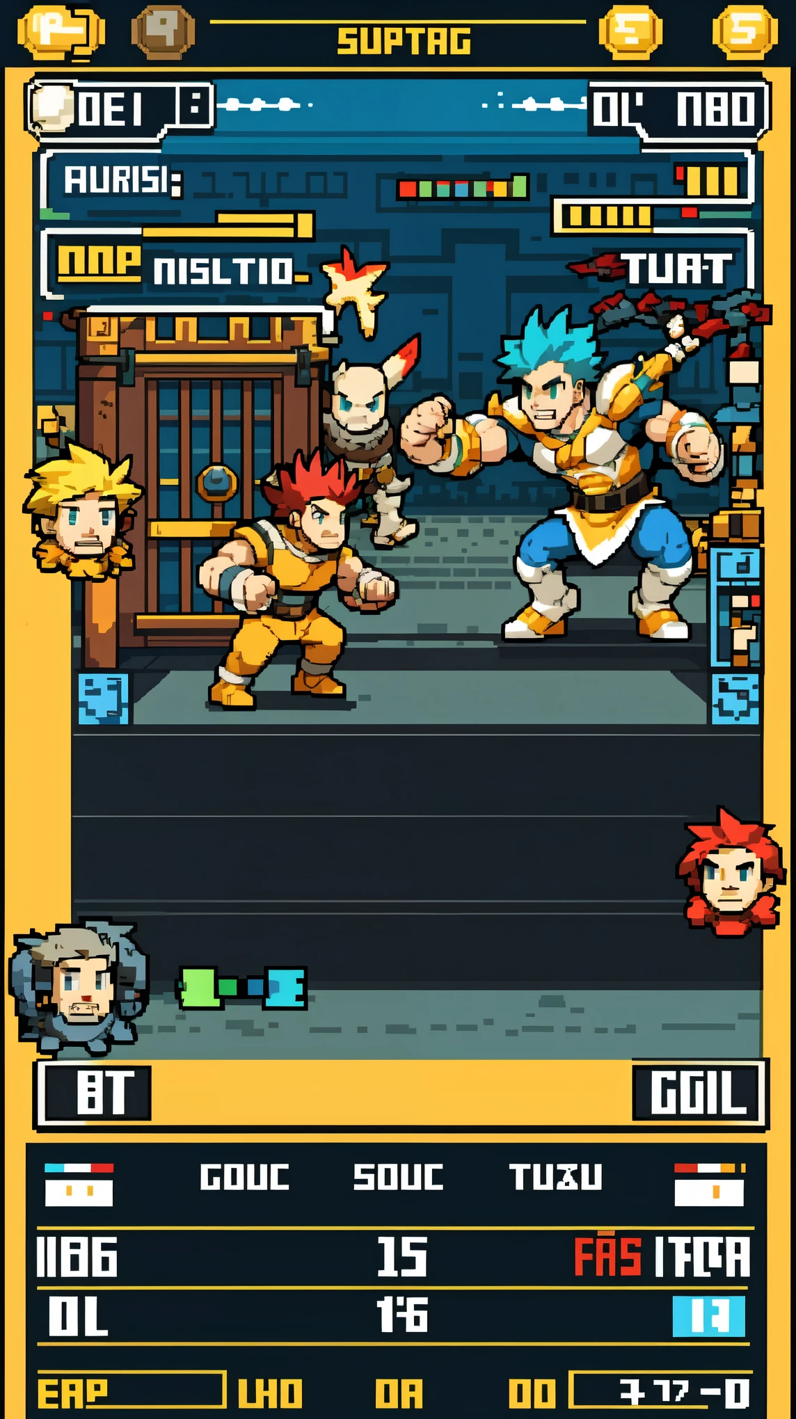highres, absurdres, perfect anatomy(super handsome 2boys, pair)detailed background, User Interface of Fighting game, dots game, pixel art, dungeon, jumping, punch, kick, full body, sound effects, motion blur, “VS”