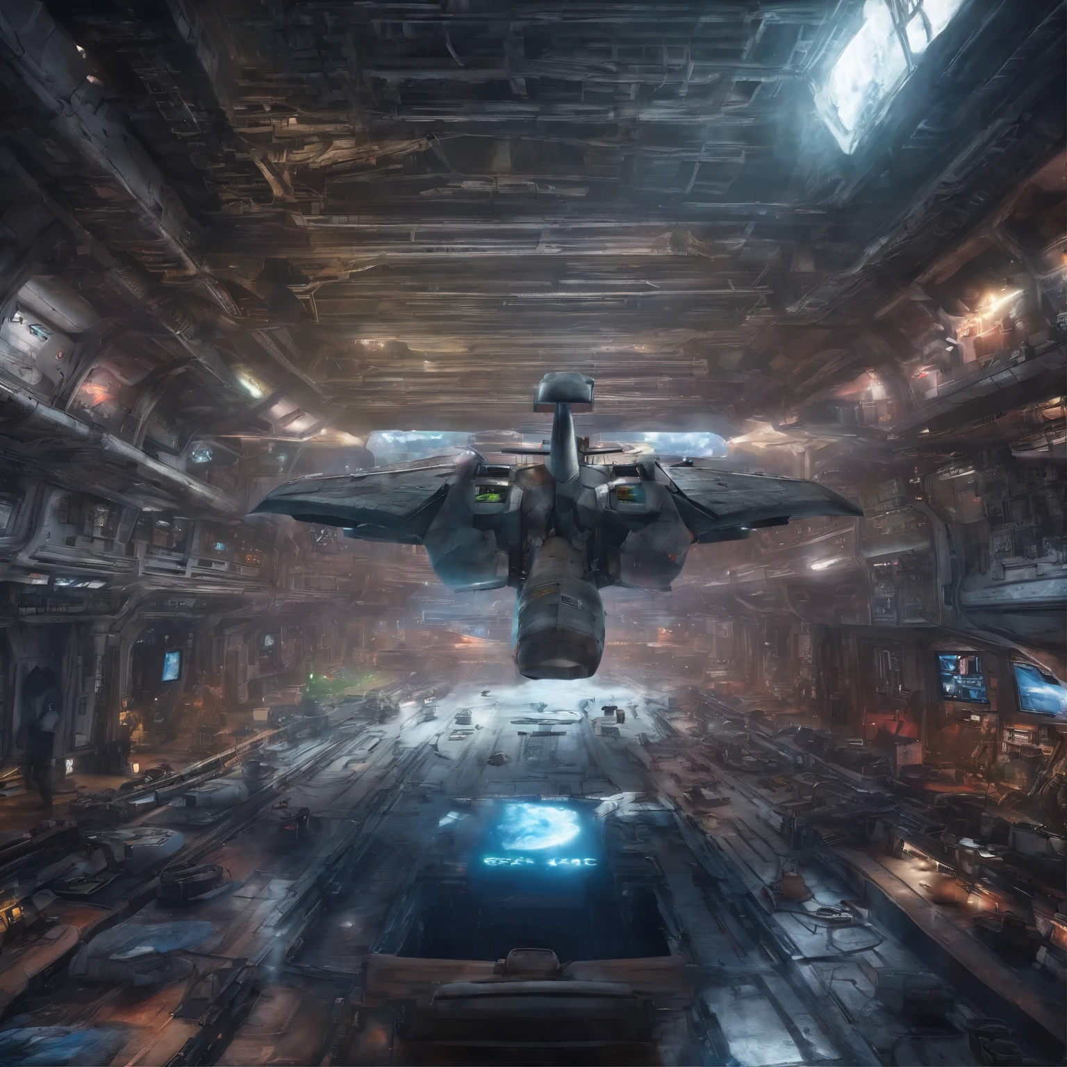 (space art),(high angle view:1.2), in space, large aircraft carrier , There is space beneath the spaceship,cyberpunk, dreamy light, Shining neon lamps,psychedelic, space maze