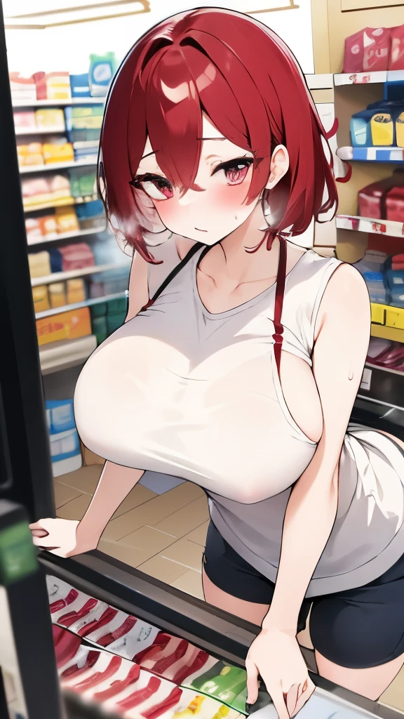 There is a woman lining up at the checkout counter holding a box of condoms., Condoms and boxes of condoms on the checkout counter、tits, big breastsを持つ, big breasts!!, tits proportions, big breasts!, big breasts、 very_be familiar with!!, Sex,Convenience store checkout counter、Inside a convenience store、shopper woman、With a bright red face、shyly、((steam,sweat)), housewife、sexy milf, 