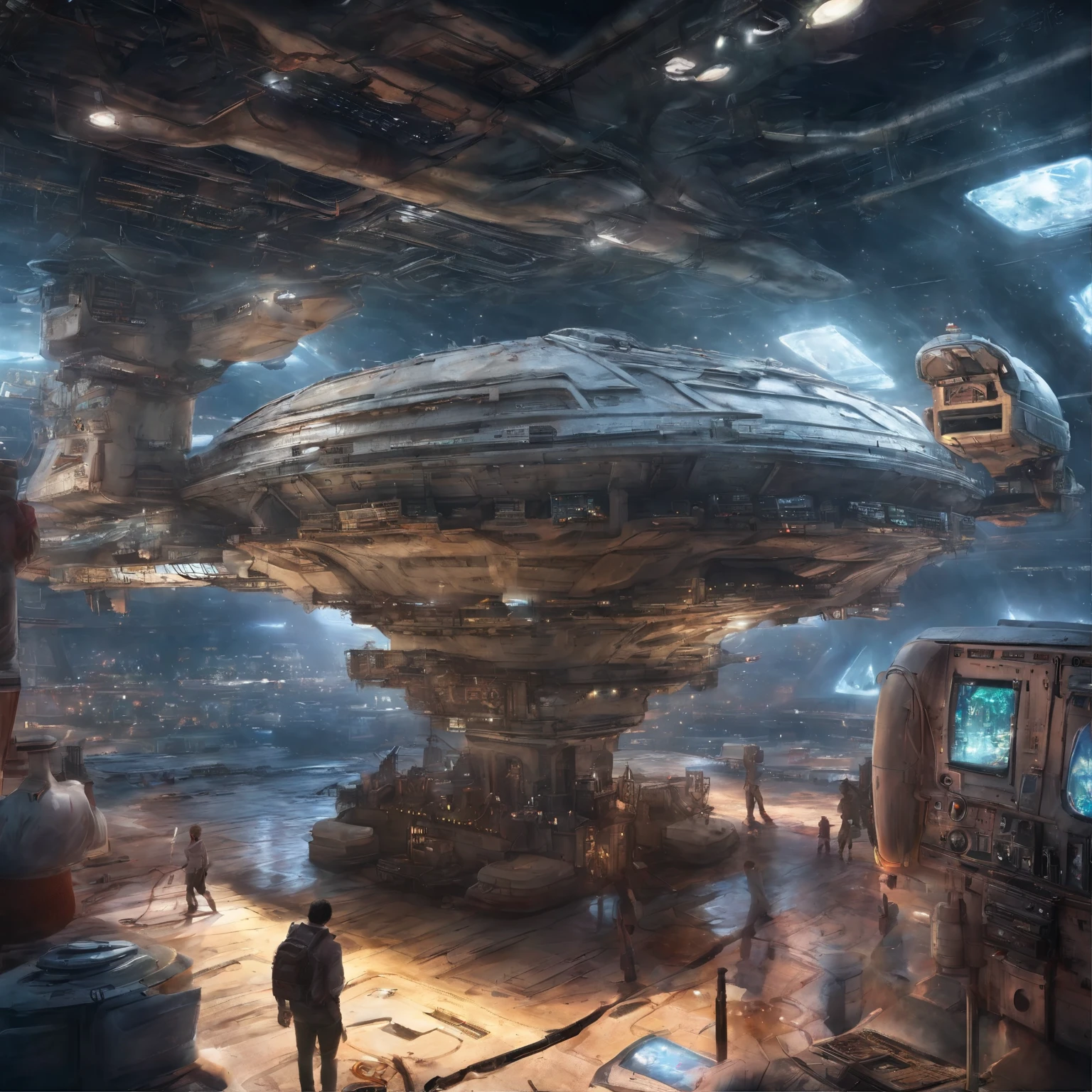 (space art),(high angle view:1.2), in space, large aircraft carrier , There is space beneath the spaceship，cyberpunk, dreamy light, Shining neon lamps,psychedelic, space maze