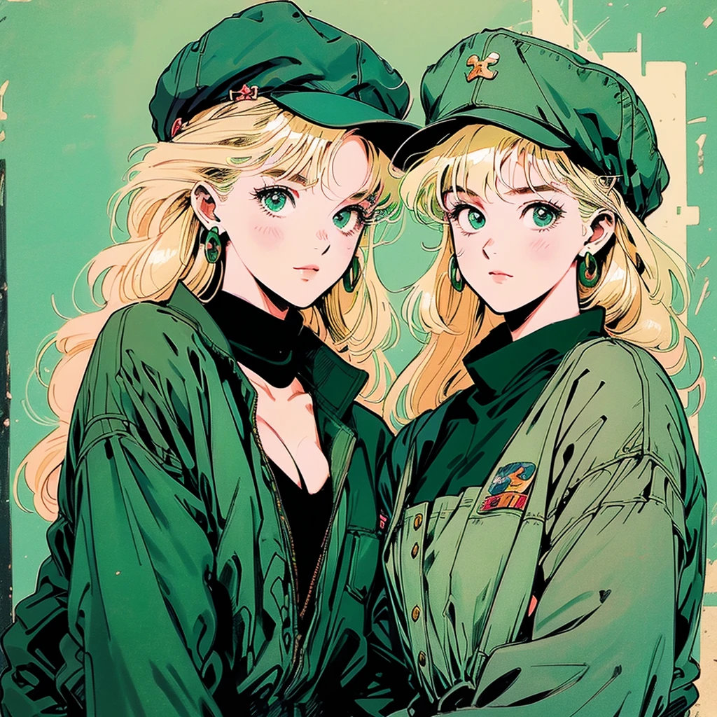 anime girl, 90s anime, vintage classic anime aesthetic, fashionable, soft expression, cleavage, big breasts, smiling, straight blonde hair, cute, soldier girl, green military clothing, military cap green, girl solo