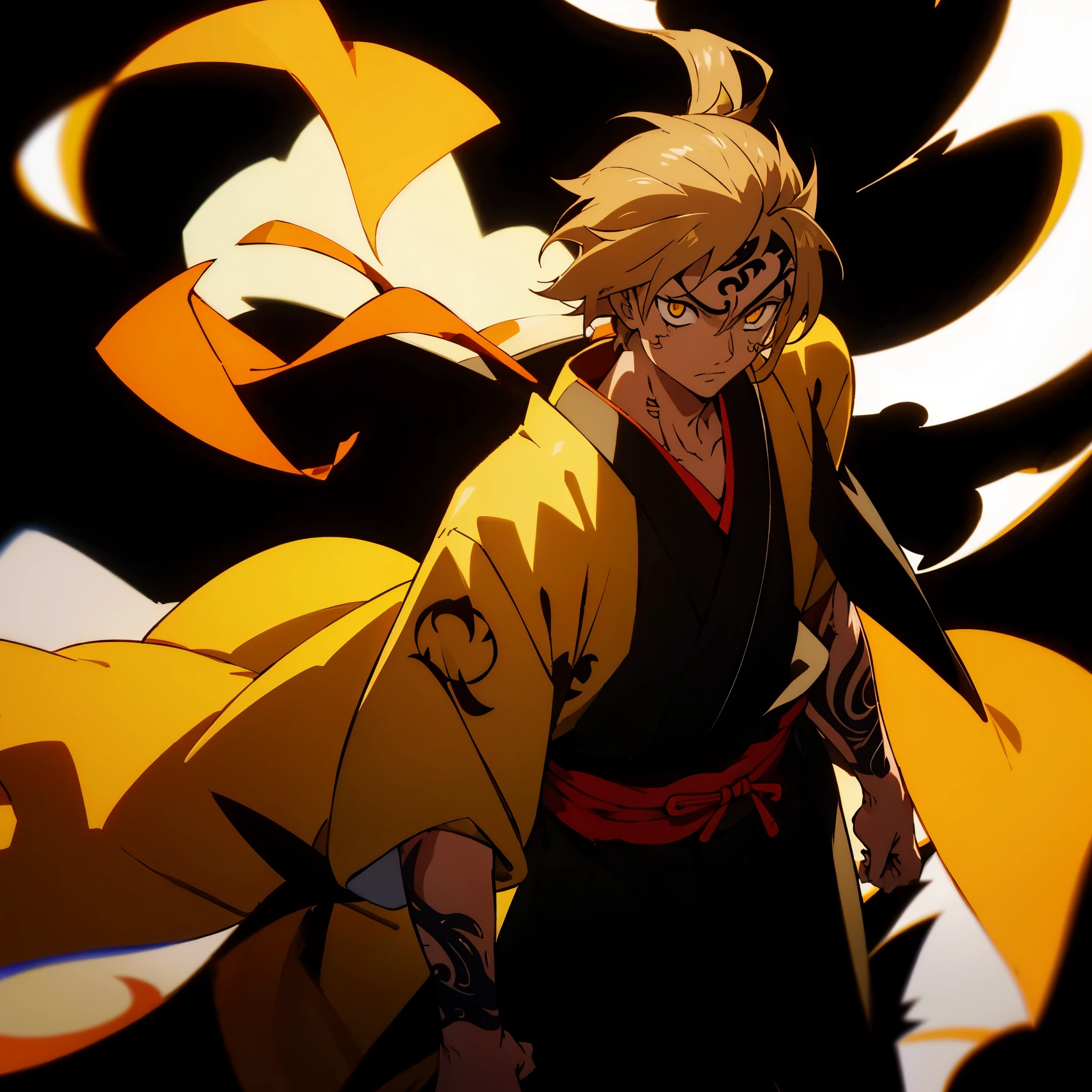 Tall man, light brown skin, yellow eyes, straight hair, wearing a kimono and a hakama, with tattoos, black background