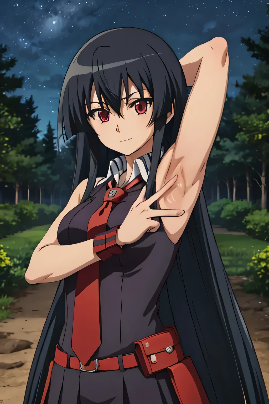 Anime girl with long black hair and red eyes posing in a forest - SeaArt AI