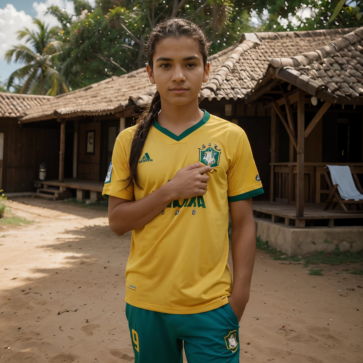 menino de 9 anos, cabelos curtos, cortados, marrons, olhos marrons, Shirt of the Brazilian national soccer team, amarela, caminhando sozinho em uma bela paisagem montanhosa no por do sol, feliz, estilo disney chanel, imagem uhd, 8k, ultra.