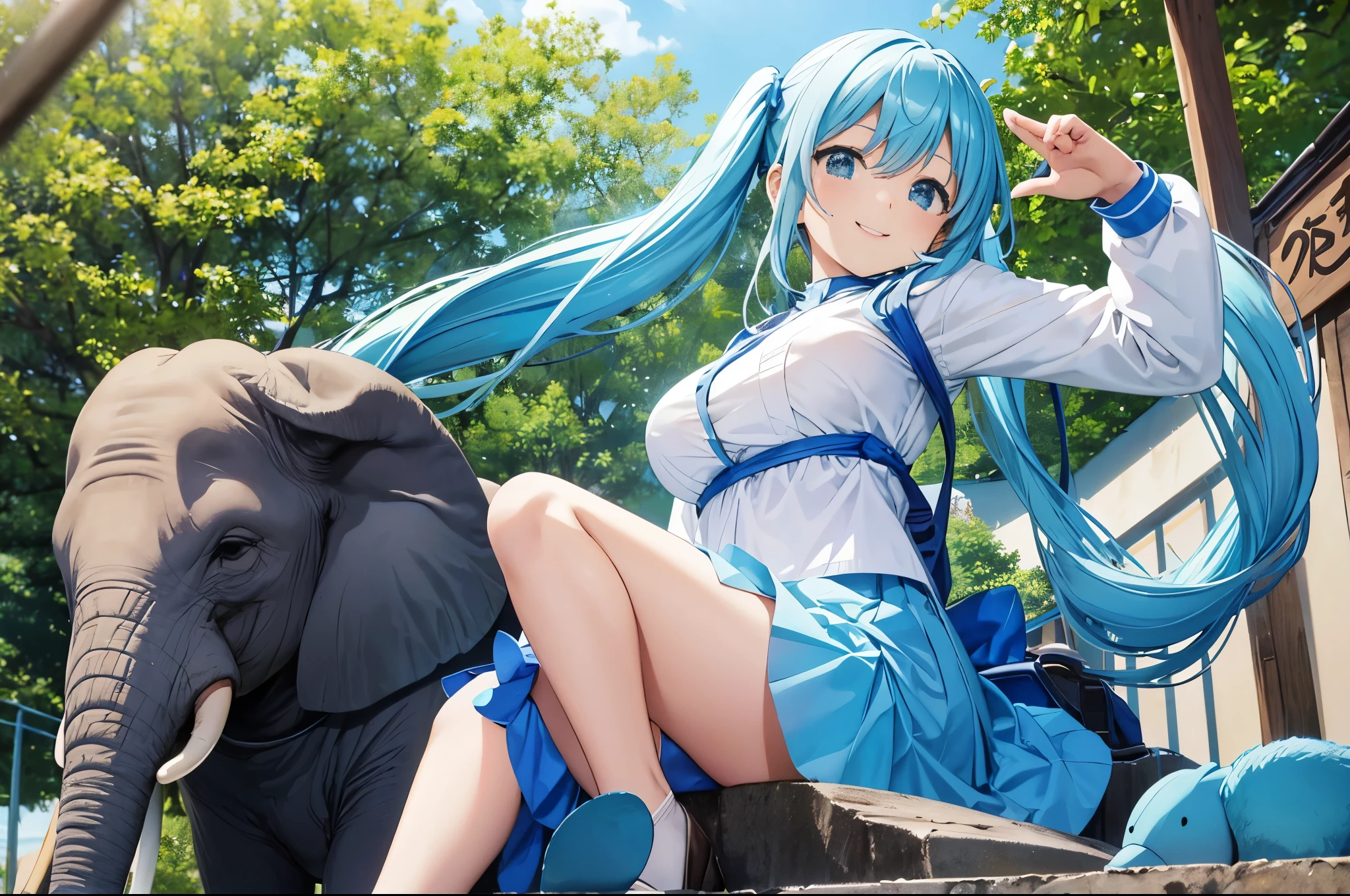light blue long hair、Beautiful girl with twin tails、A happy smile、I'm at the zoo、riding an elephant