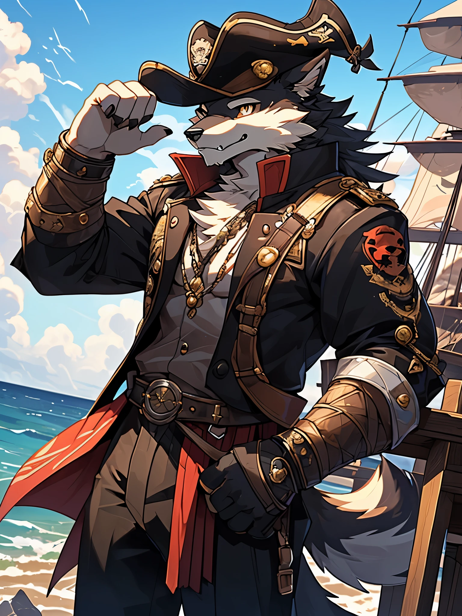 (Furry art, uploaded on e621: 1.4), Werewolf, grey and black fur, intense golden eyes, black pirate hat with peach feathers, red baron jacket with gold buttons and gold shoulders over a black shirt and a white frill tie, crab-like fangs and shell, masterpiece, best quality, (detail background), background sea, on on a pirate ship, (detail body), (perfect pulpils), standing, (masterpiece), (best quality), (ultra-detailed: 1.0), cool pose, (Clear, shiny:0,8), (1boy, solo), (solo_focus), detail fluffy fur, natural lighting, (male), anthro, (upscaling ratio: 2.10), detail background, perfect sky, detail fur, topless.
