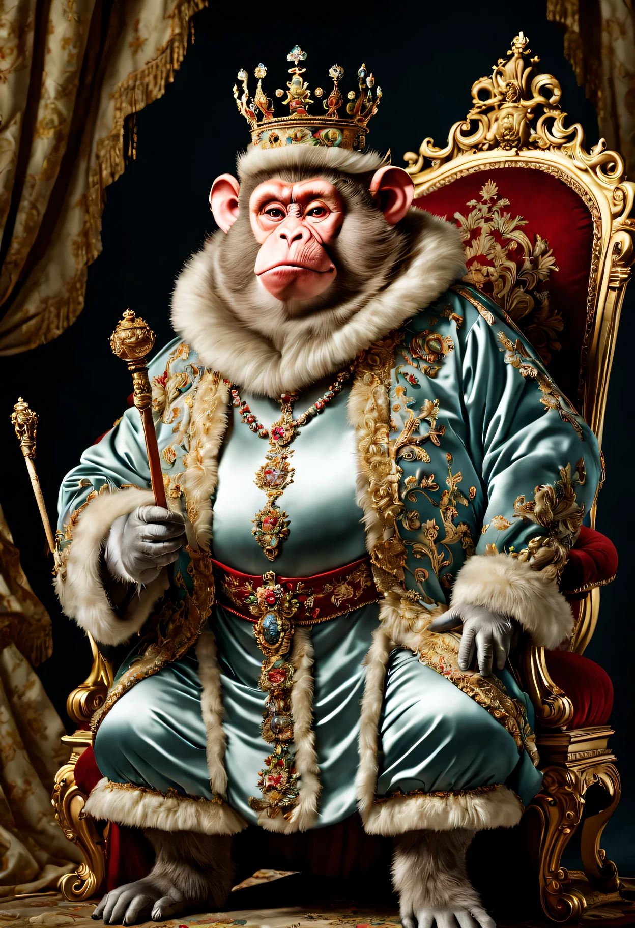 photorealistic portrait of Dressed animals - a ((fat)) monkey king, (full body image:1.5), Wearing luxury sack-back gown,(wearing luxury crown),holding scepter, Old-fashioned luxury clothes, detailed and opulent description of a king's aristocratic sack-back gown in Rococo style, sitting on the throne, emphasizing luxurious fabrics, intricate embroidery, and ornate accessories, Rococo style background