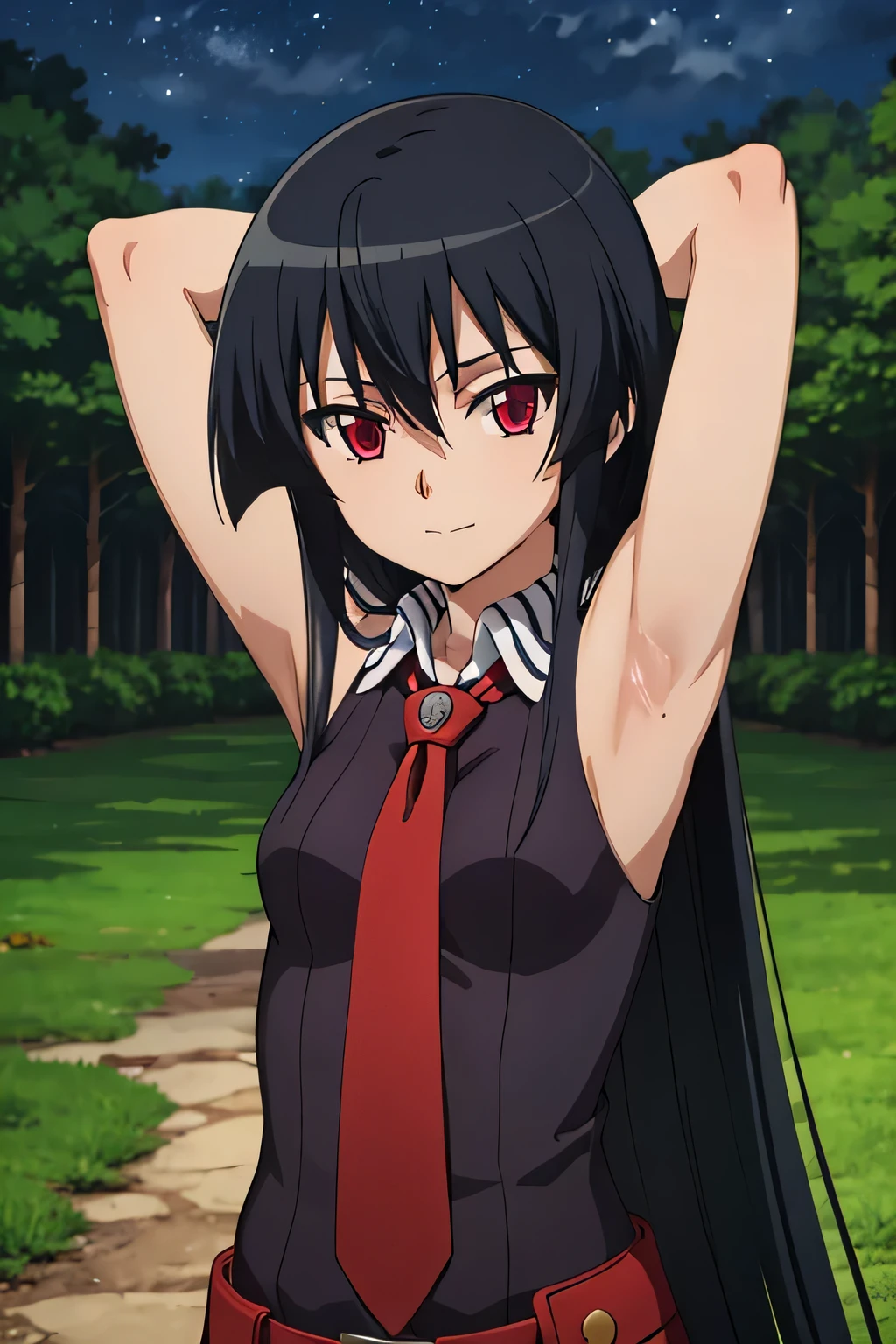 solo, 1girl, looking at viewer, 2D, anime, anime coloring, upper body, akame, necktie, sleeveless, looking at viewer, closed mouth, small smile, solo, night sky, forest, {arms behind head}, contrapposto, spread armpits,